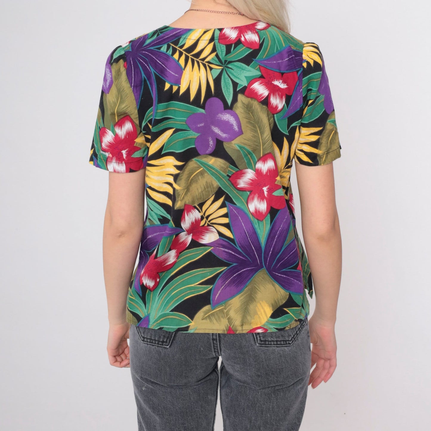 90s Tropical Floral Button-Up Blouse Black Botanical Print Short Sleeve Small