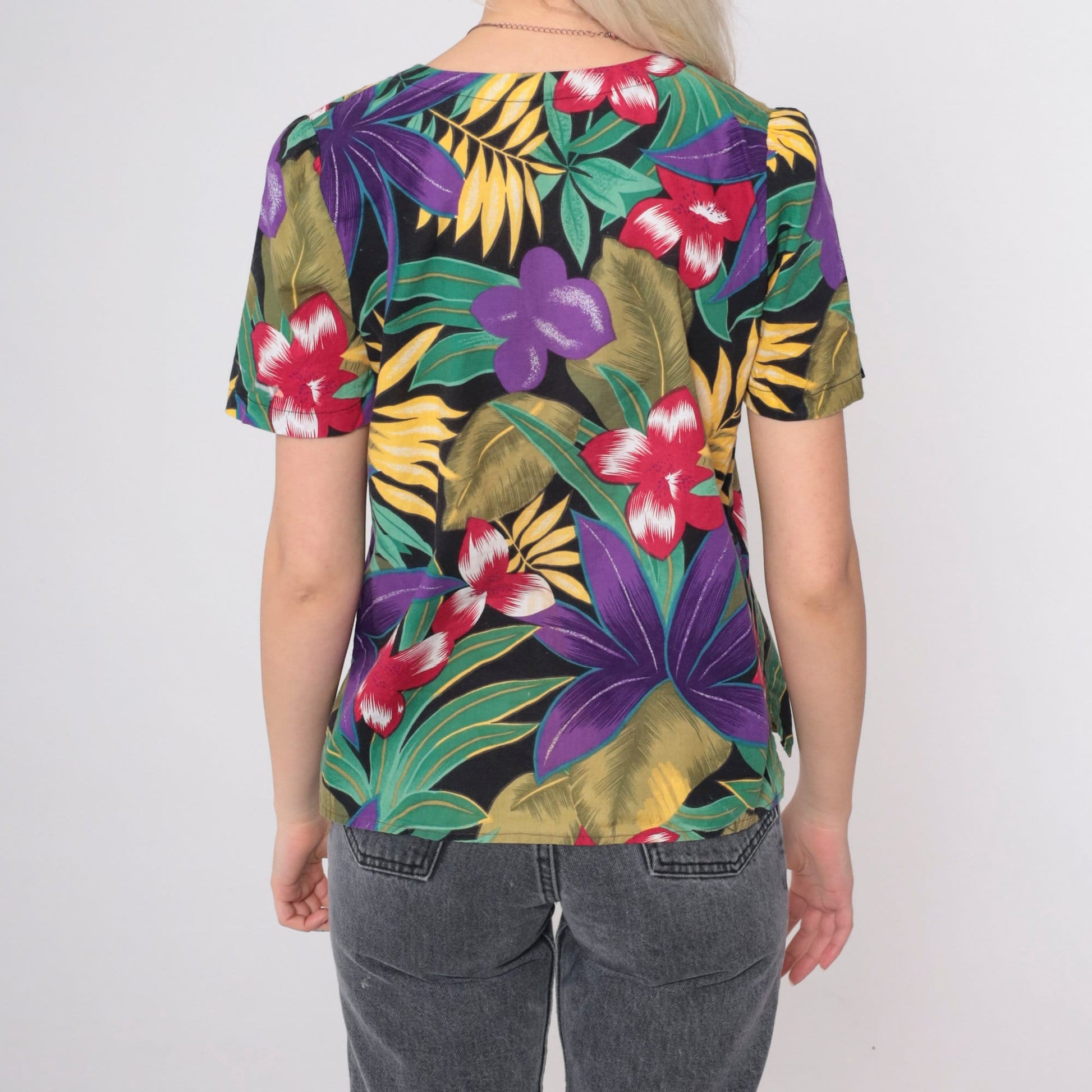 90s Tropical Floral Button-Up Blouse Black Botanical Print Short Sleeve Small