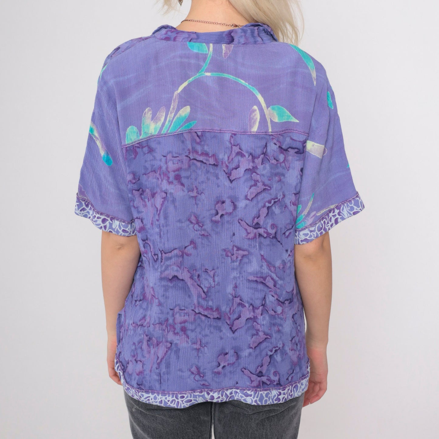 90s Tie Dye Button Up Shirt Purple Abstract Floral Rayon Medium
