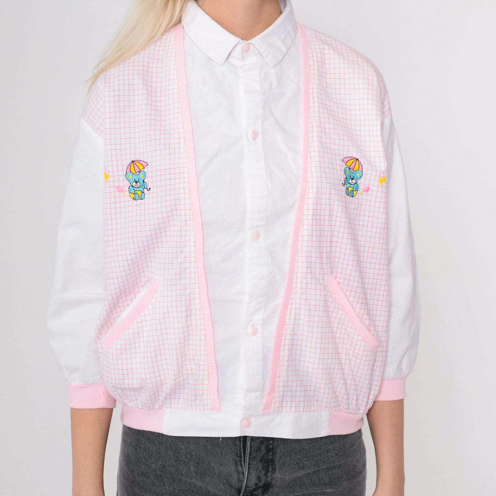 80s Rozzi Checkered Teddy Bear Button-Up Blouse with Attached Vest Pink White Medium