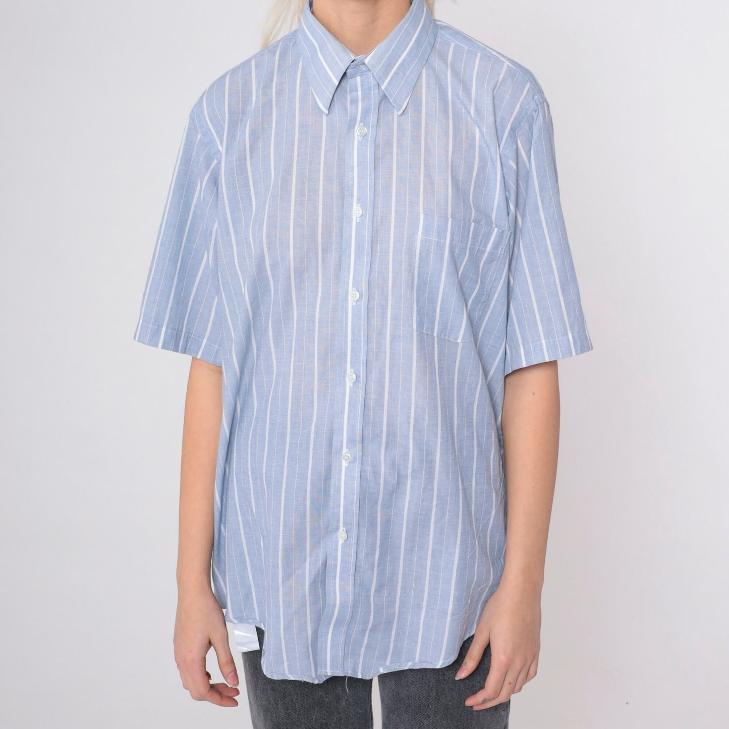 80s Golden Needle Blue Striped Button-Up Shirt Cotton Blend Short Sleeve Medium
