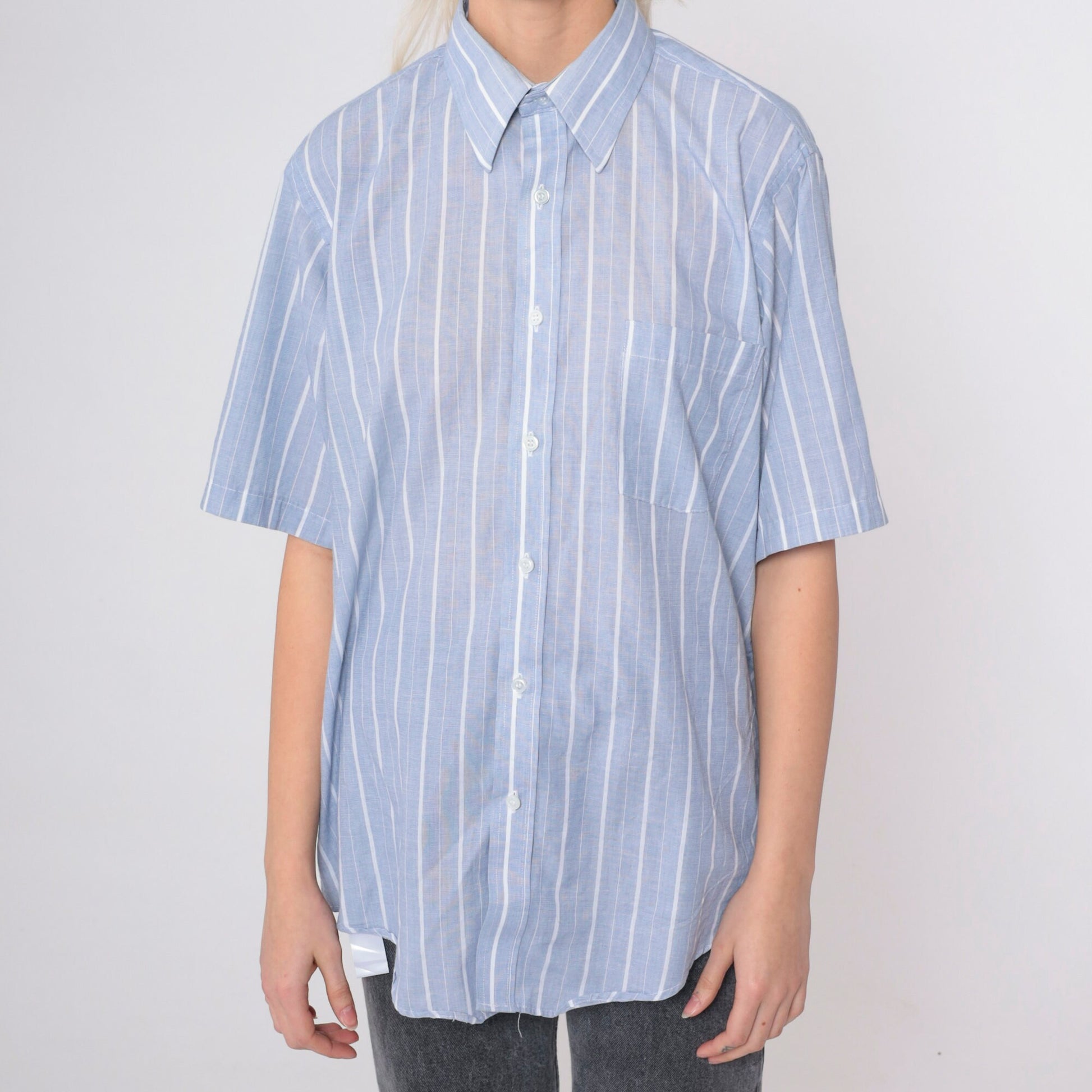 80s Golden Needle Blue Striped Button-Up Shirt Cotton Blend Short Sleeve Medium