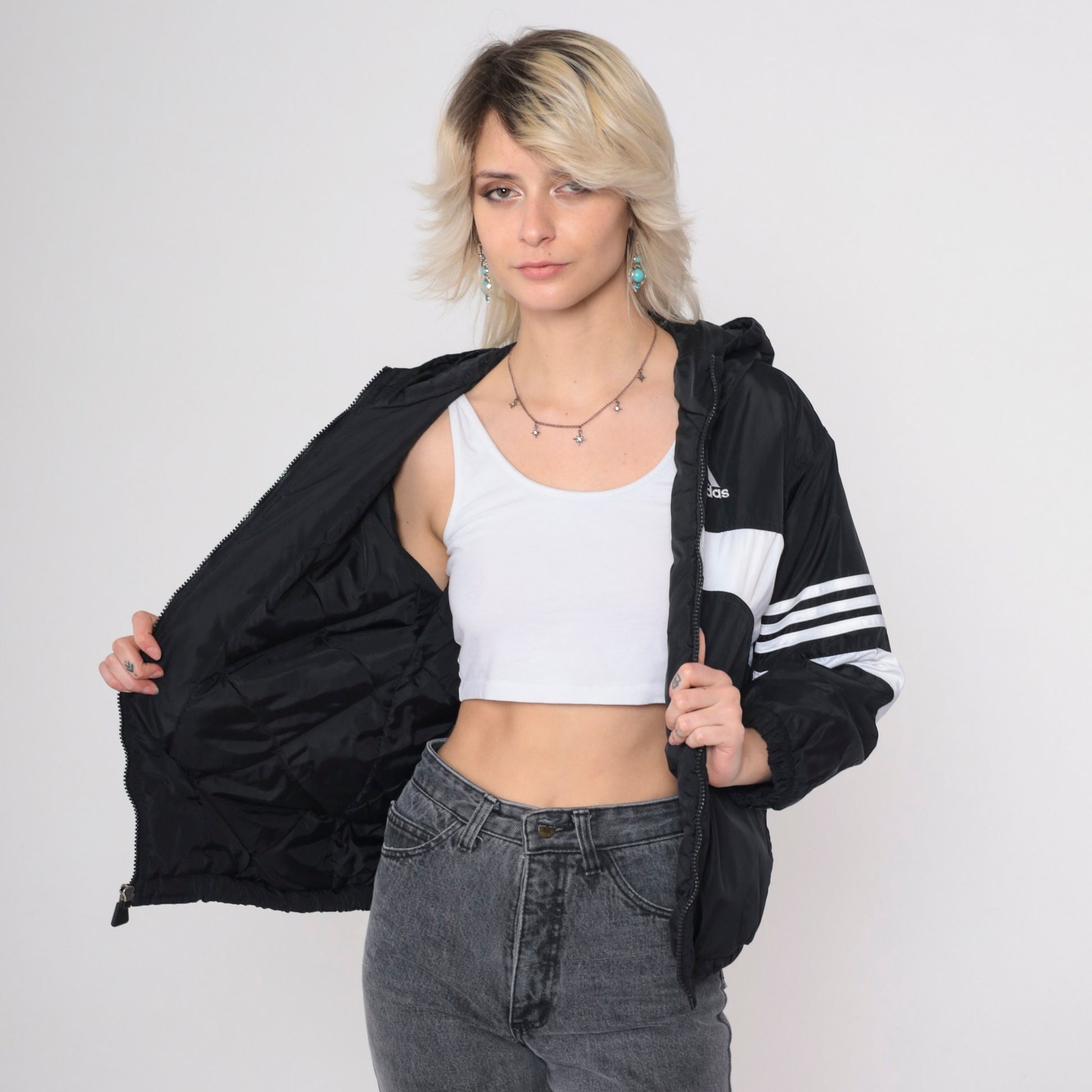 90s Adidas Hooded Windbreaker Black White Striped Nylon Jacket Medium