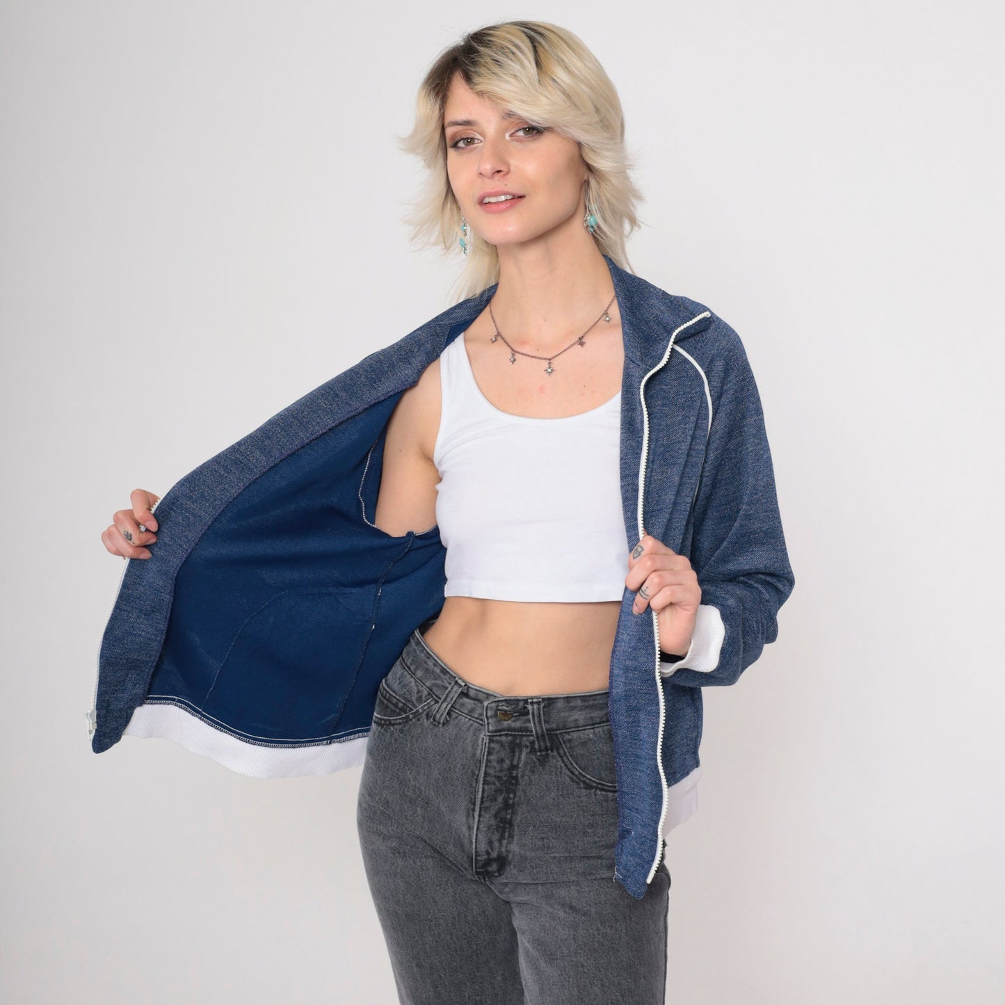 80s Heather Blue Track Jacket Zip Up Raglan Sleeve Medium
