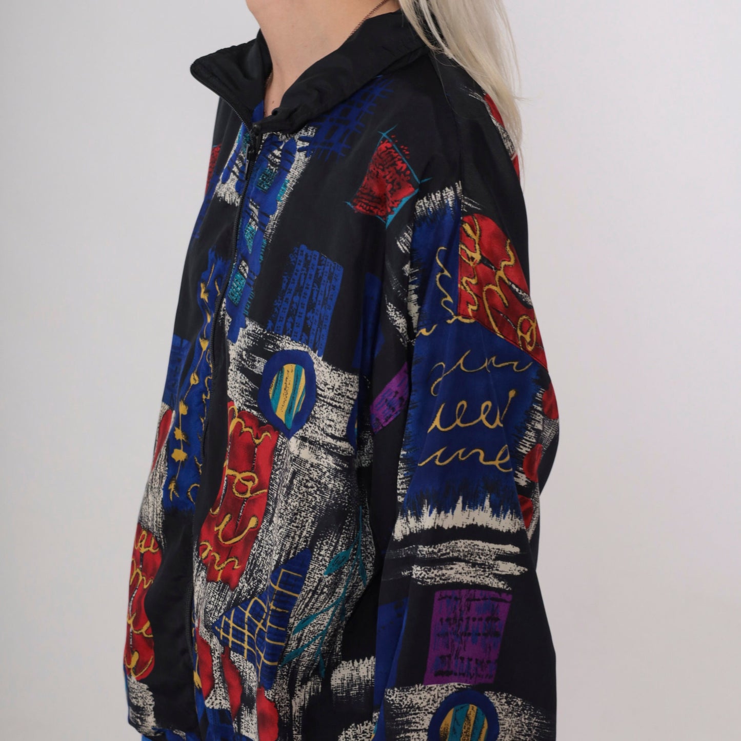 90s Patchwork Windbreaker Black Checkered Abstract Full Zip Jacket Medium