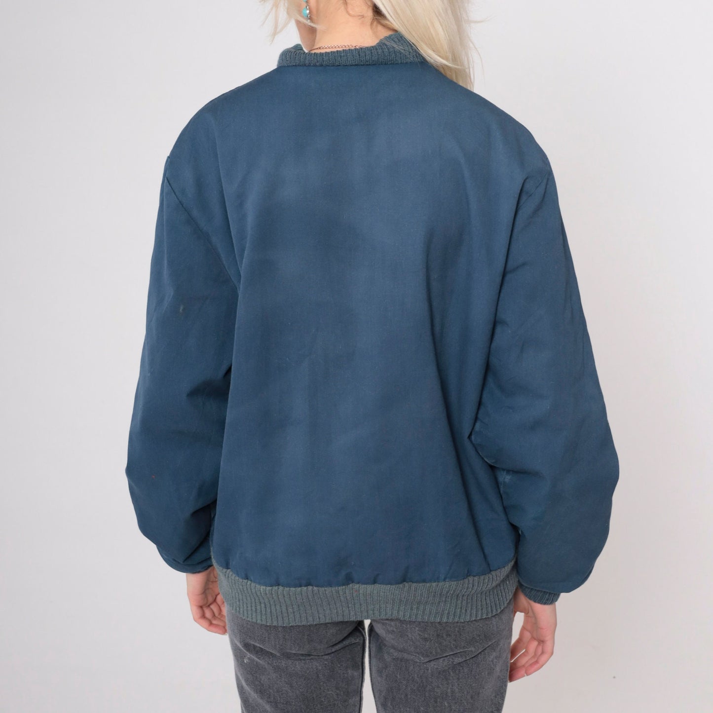 80s Navy Windbreaker Jacket Red Quilted Lining Zip Bomber Medium