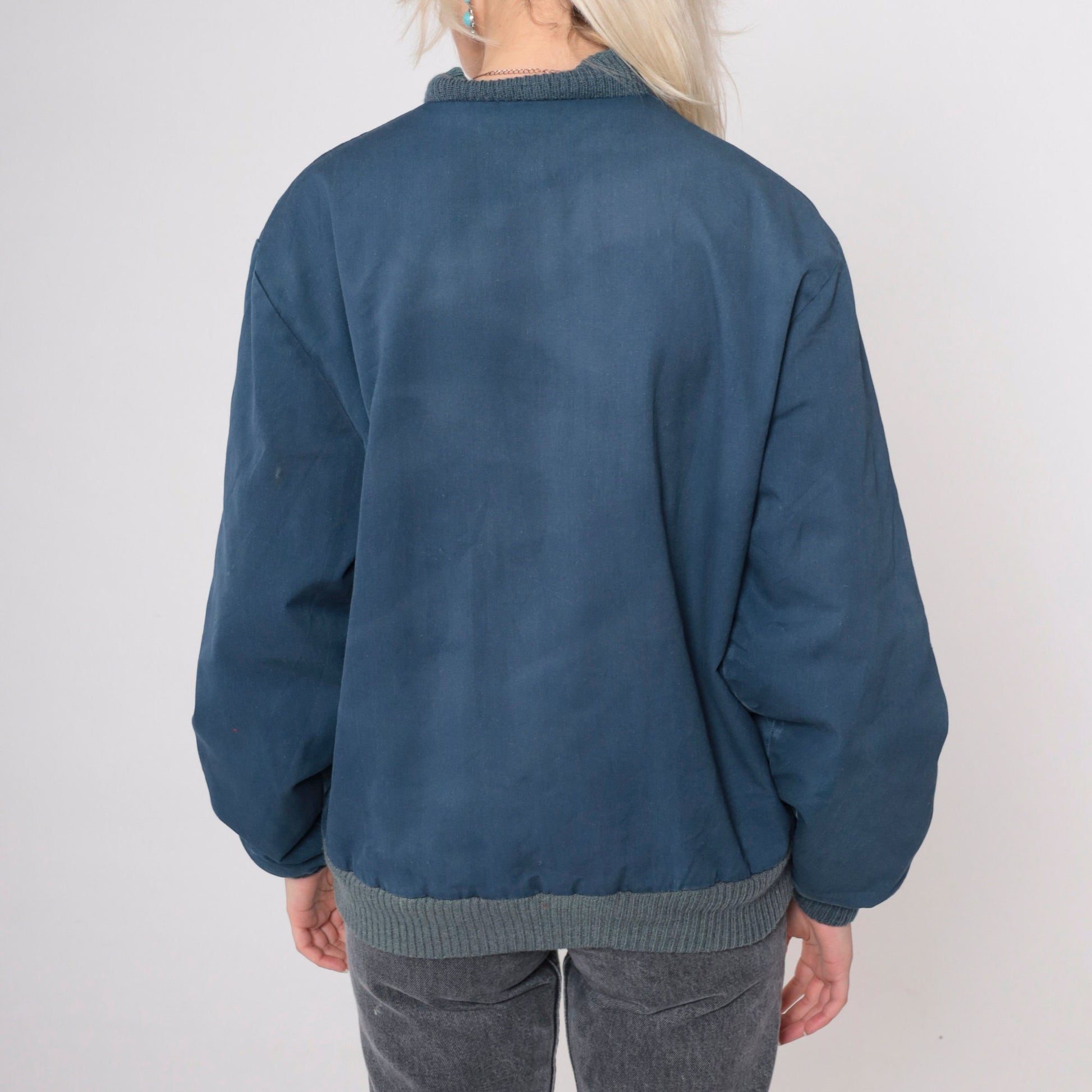 80s Navy Windbreaker Jacket Red Quilted Lining Zip Bomber Medium