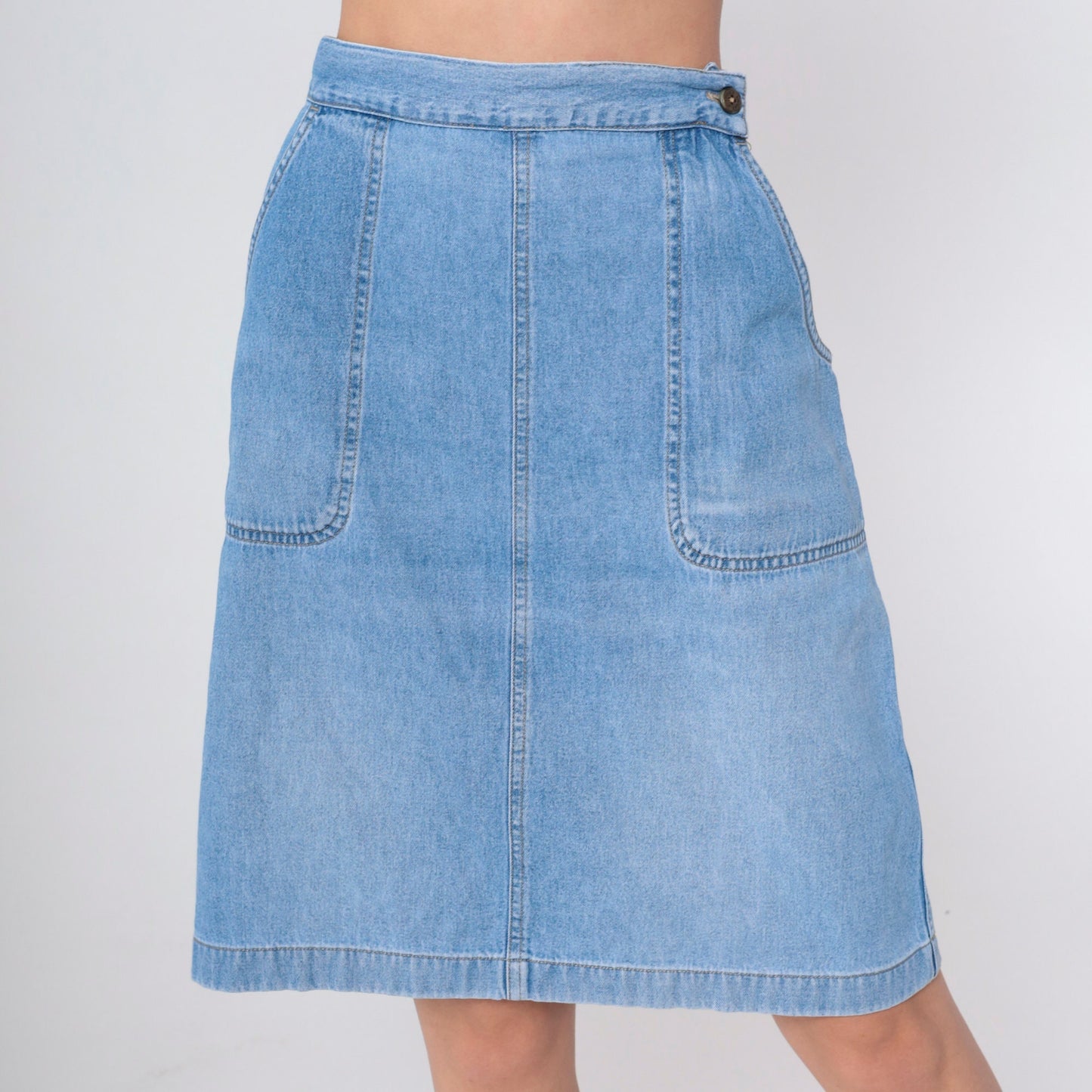 90s High-Waisted Denim Skirt Blue Knee-Length Patch Pocket Straight Large