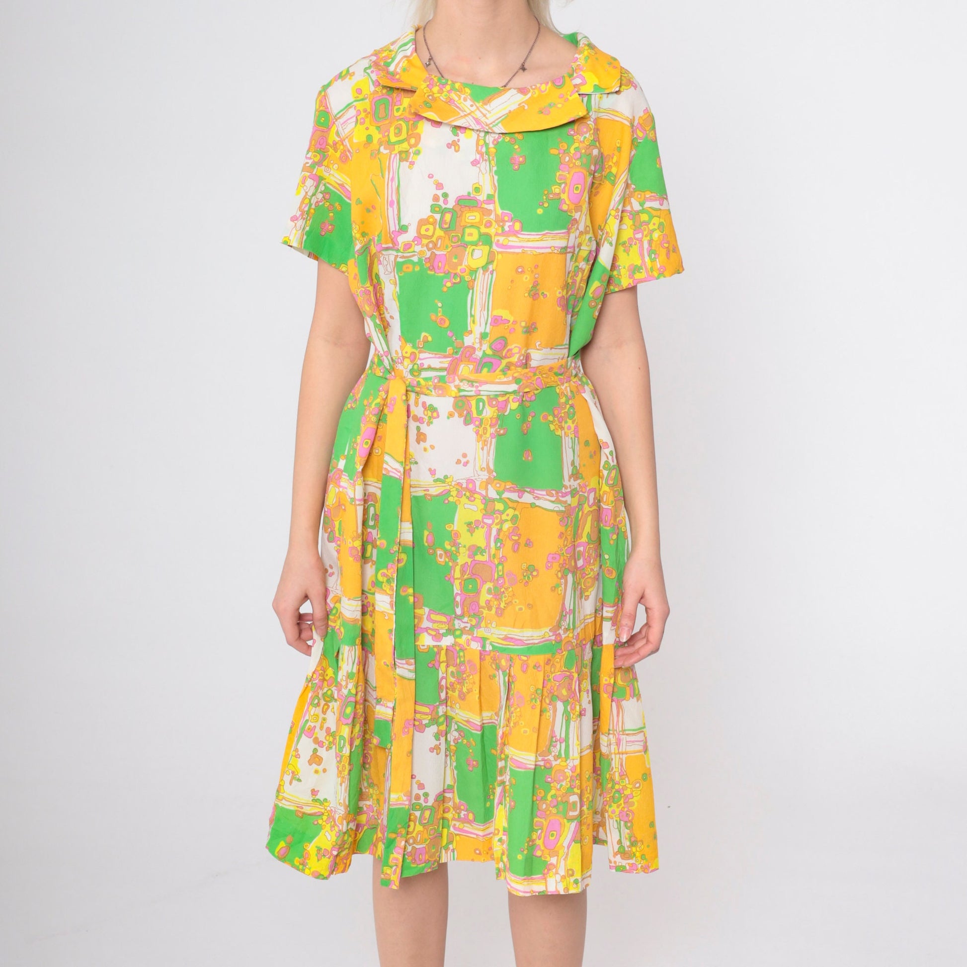 60s Psychedelic Patchwork Shift Dress Geometric Print Pleated Midi Large