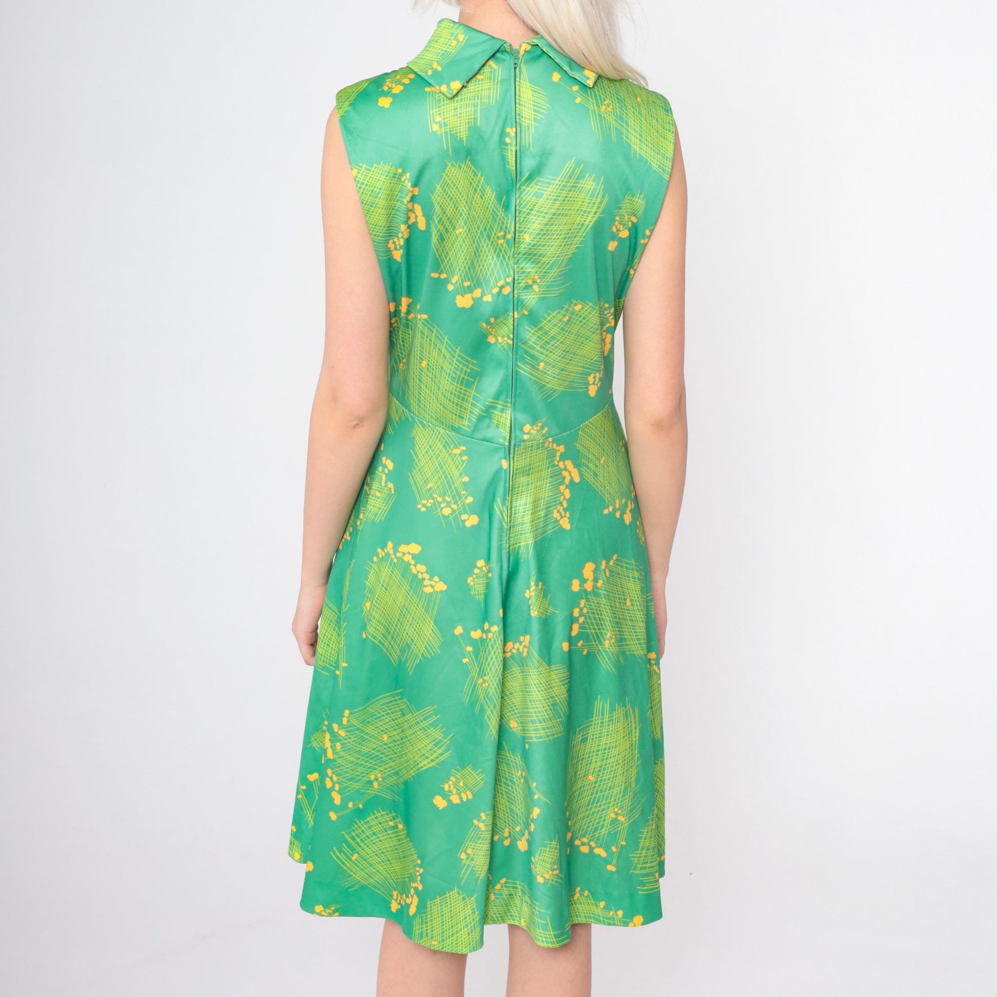 70s Emilio Borghese Abstract Floral Dress Green Mock Neck Midi Small Medium