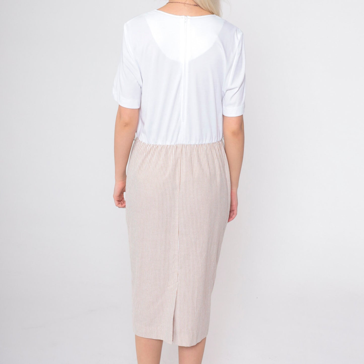 80s Wili of California Pinstriped Midi Dress White Brown Scoop Neck Small Medium