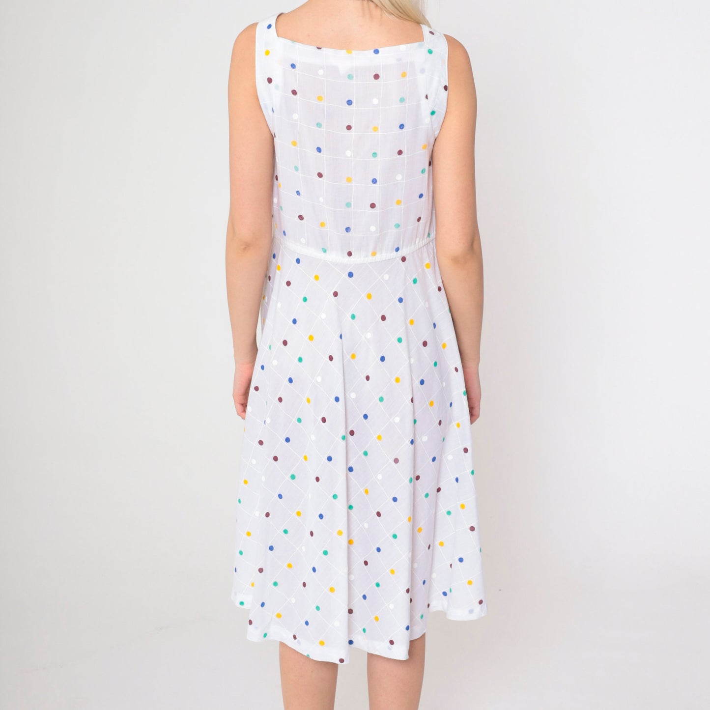 70s White Polka Dot Midi Dress Drawstring Neckline Sleeveless Medium