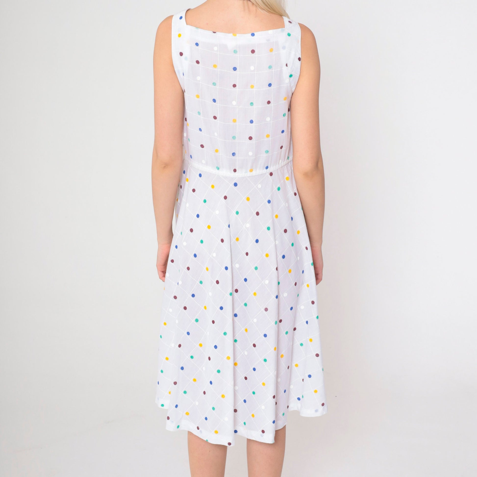 70s White Polka Dot Midi Dress Drawstring Neckline Sleeveless Medium
