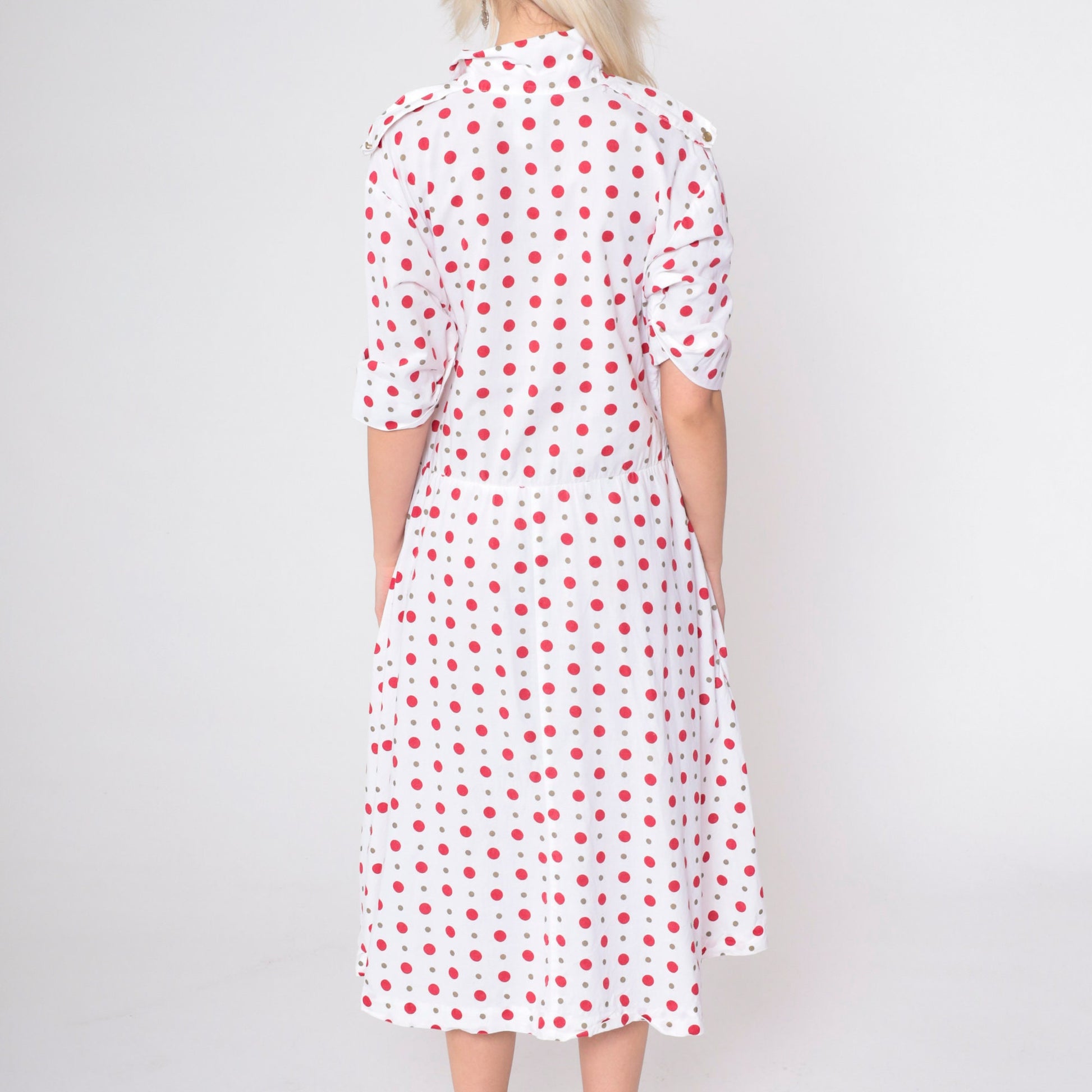 80s Polka Dot Button-Up Midi Dress White Red Short Sleeve Low Waist Medium