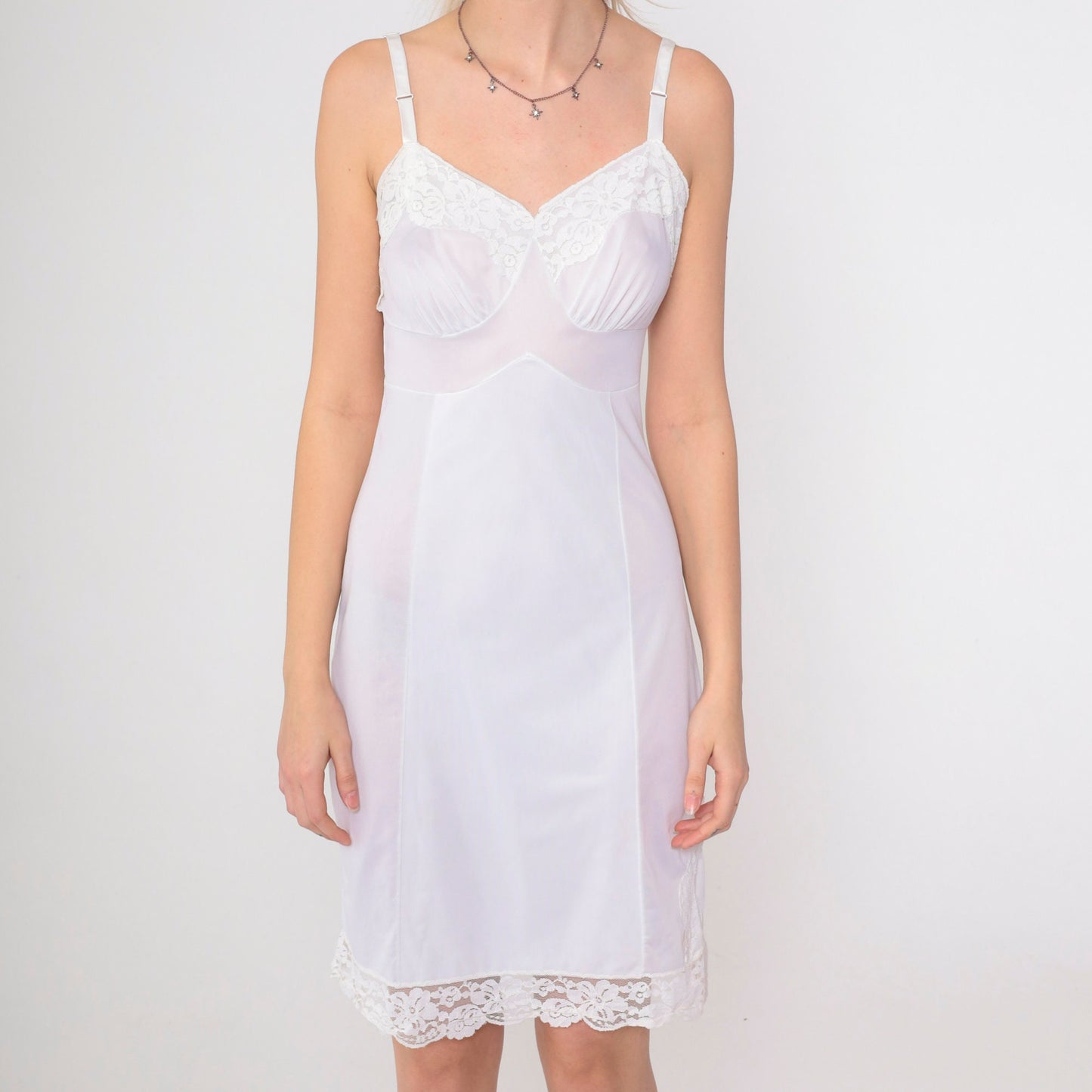 70s Nancy King Lingerie White Nylon Slip Dress Lace Trim Empire Waist Small