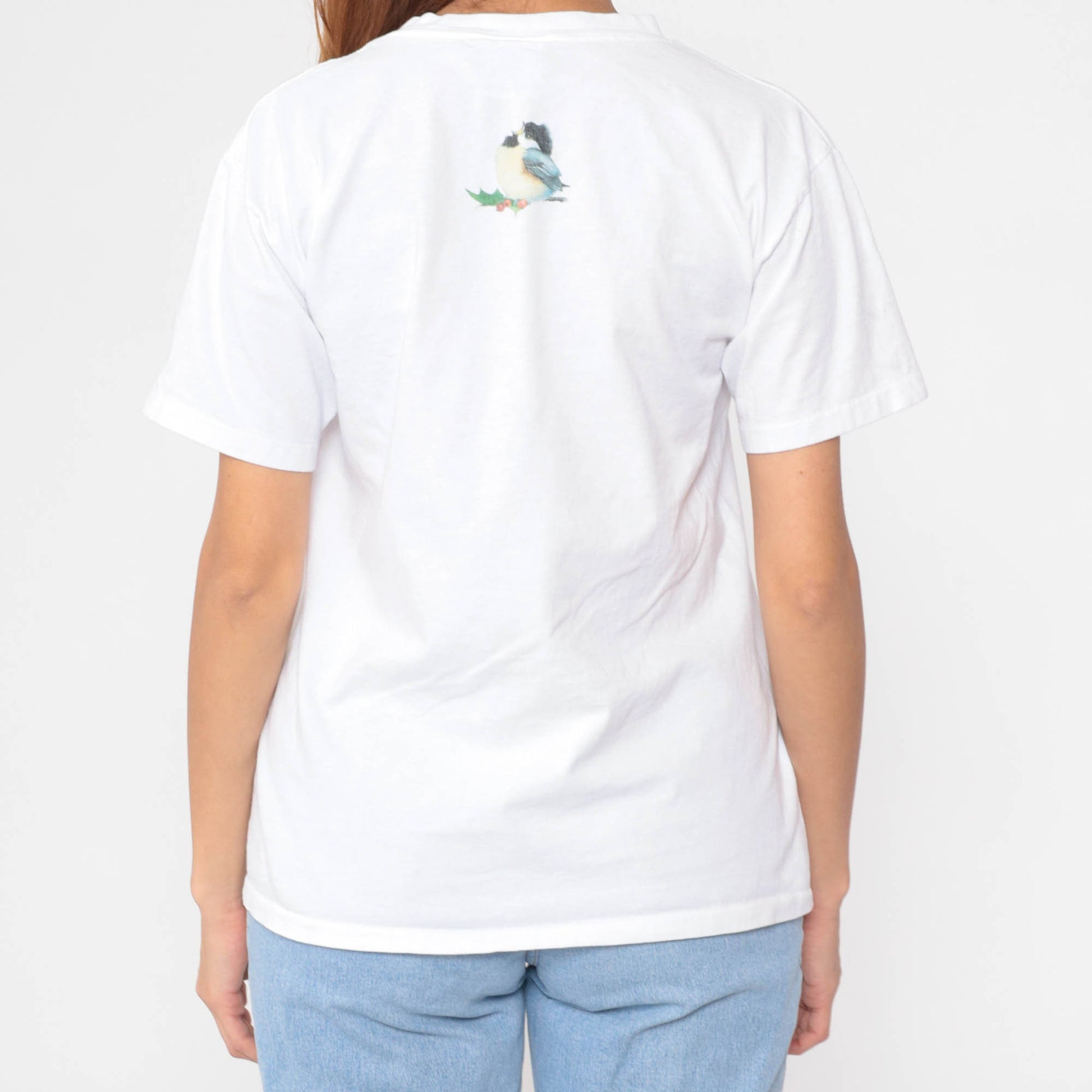 90s Solvang Chickadee Holly Graphic T-Shirt White Cotton Single Stitch Medium