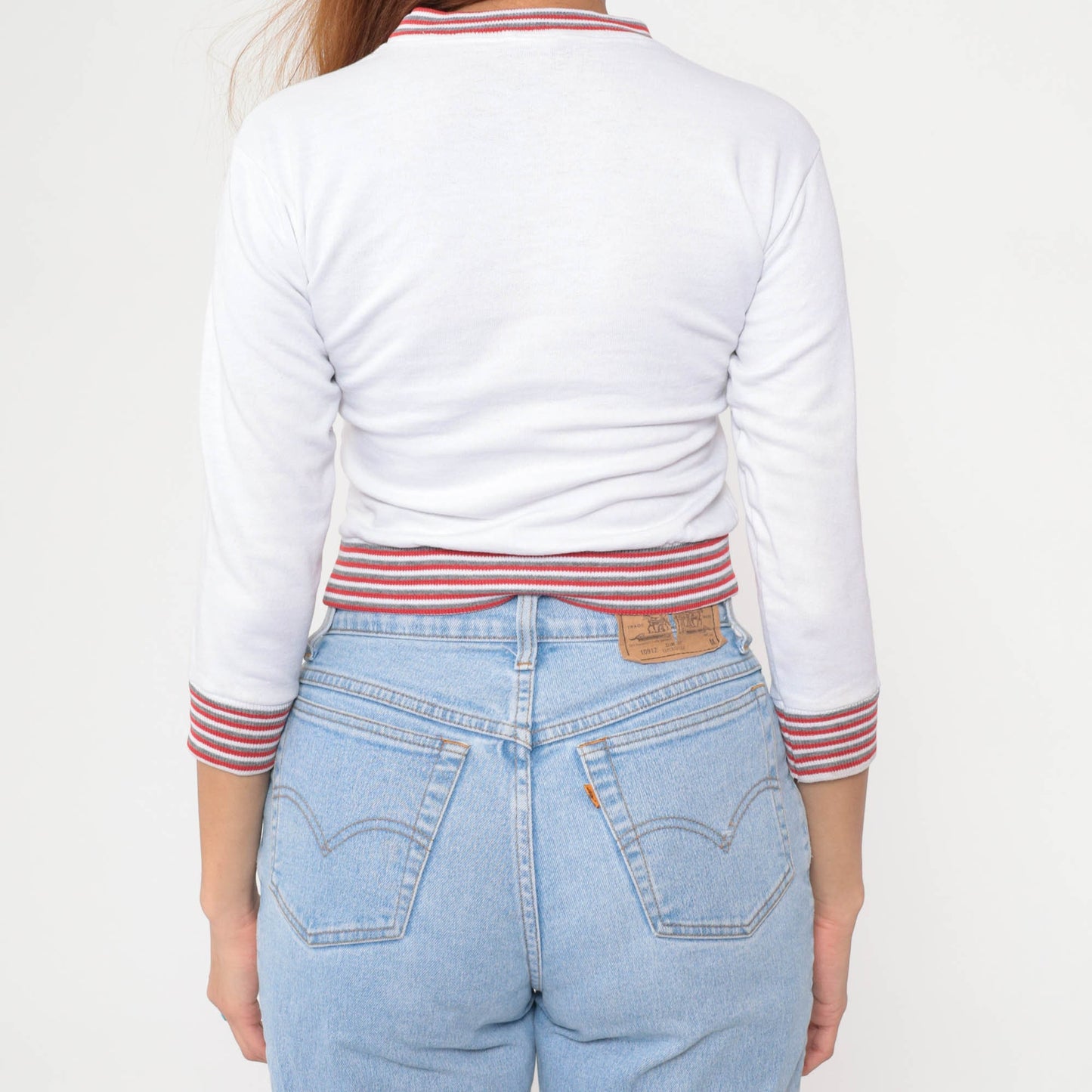 90s Ski Party Cartoon Ringer Sweatshirt Cropped White XXS