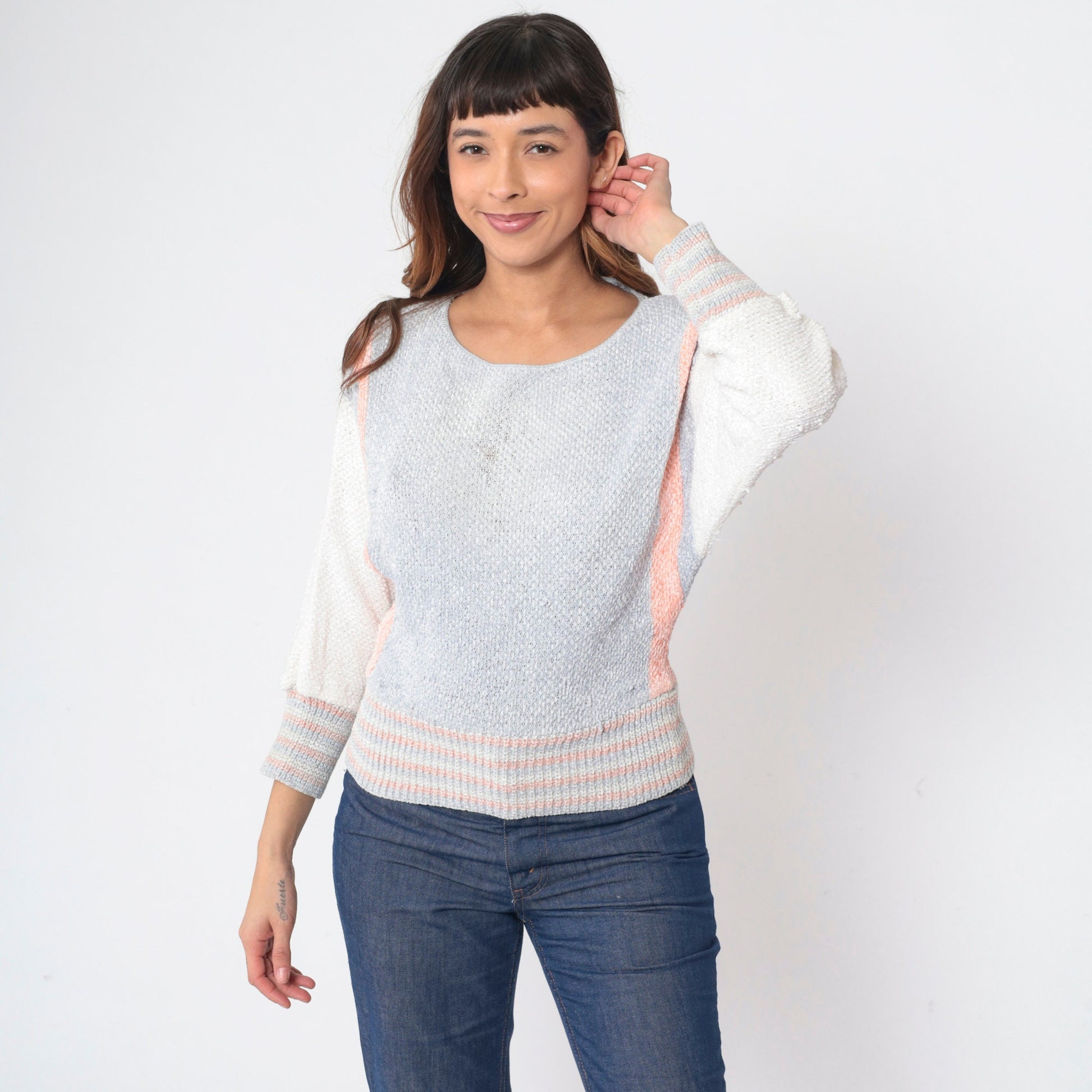 70s Dolman Sleeve Knit Sweater Grey Orange White Striped Colorblock Small