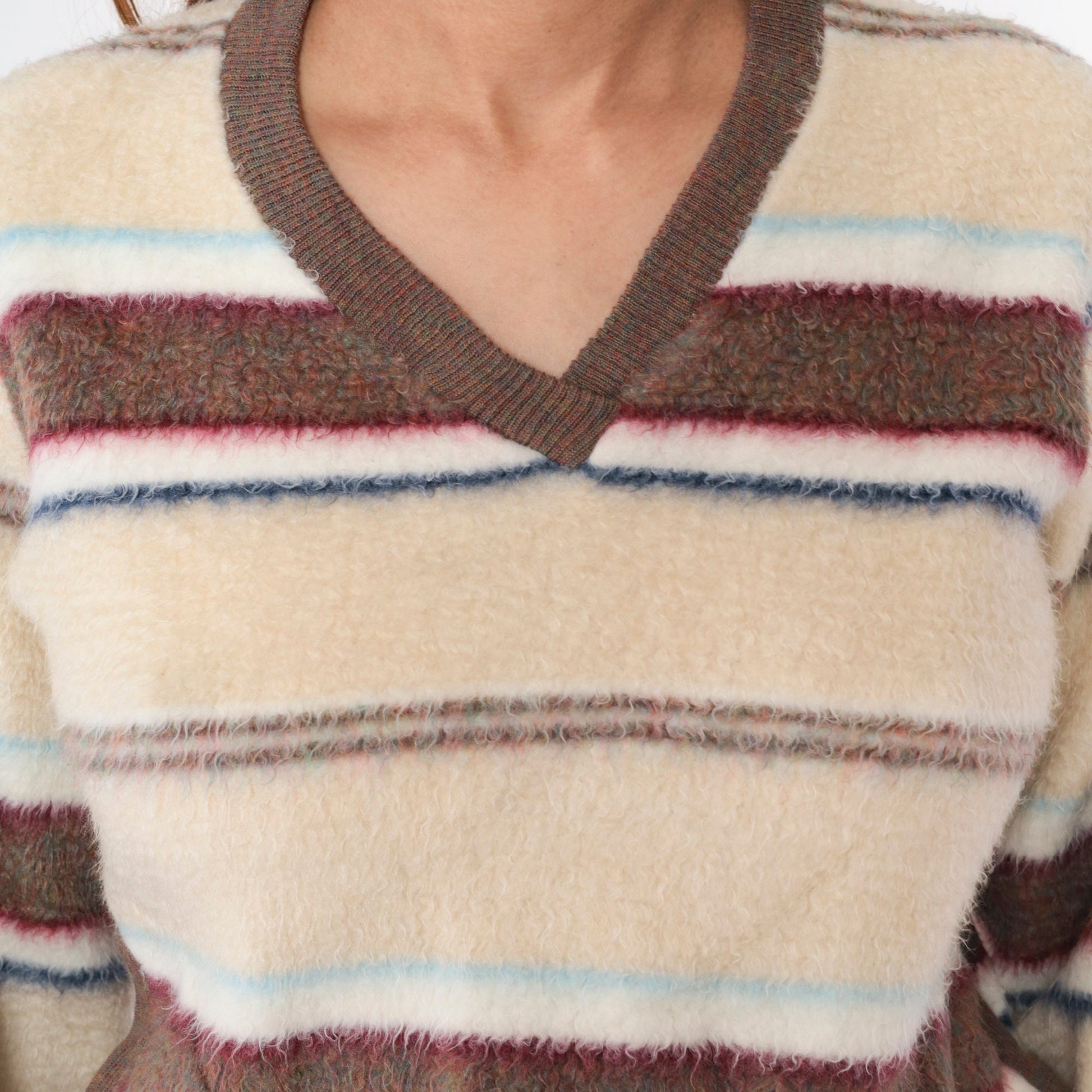 70s Striped Fleece V-Neck Sweatshirt Brown Cream Red Blue Large L