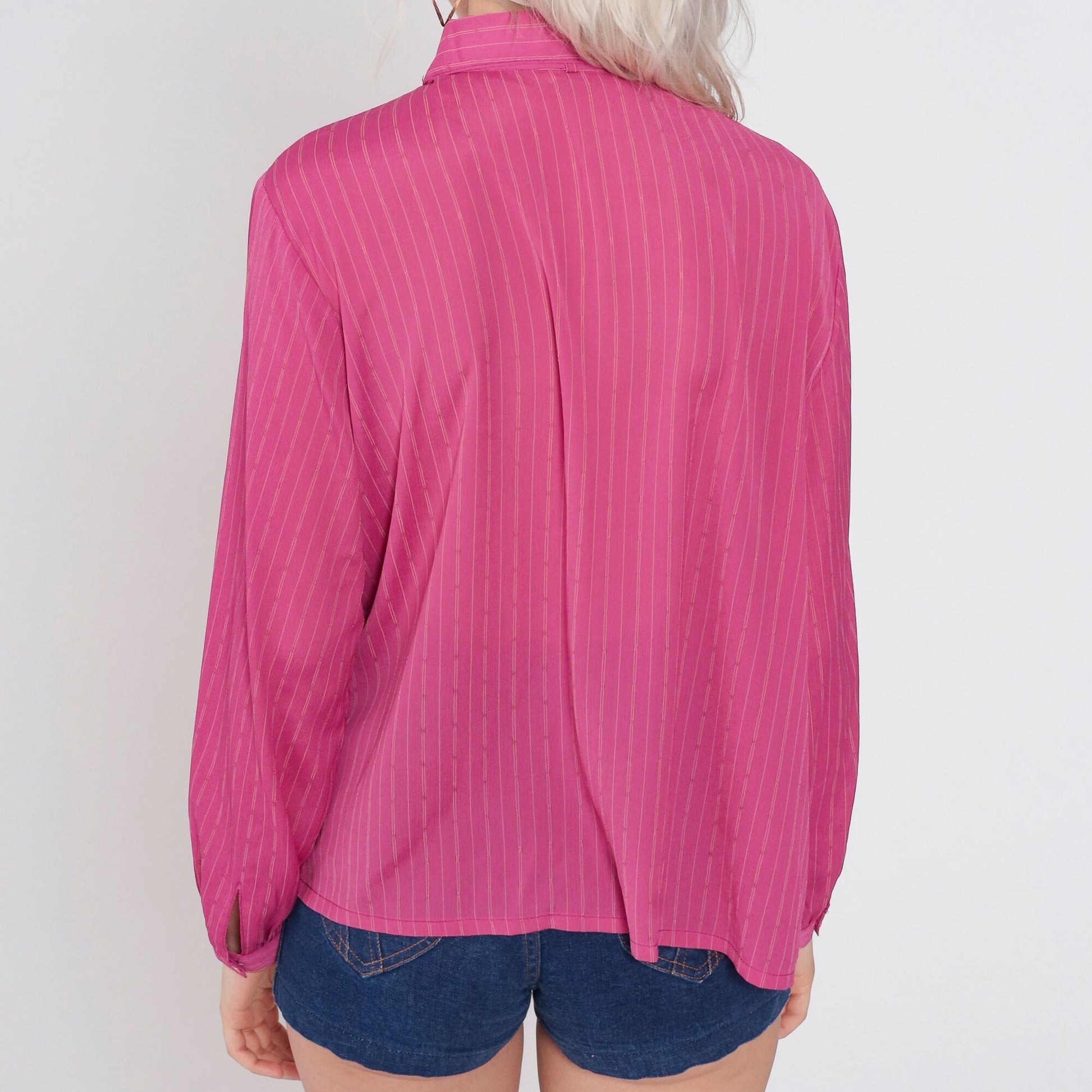 70s Deep Pink Striped Ascot Blouse Button-Up Long Sleeve Medium