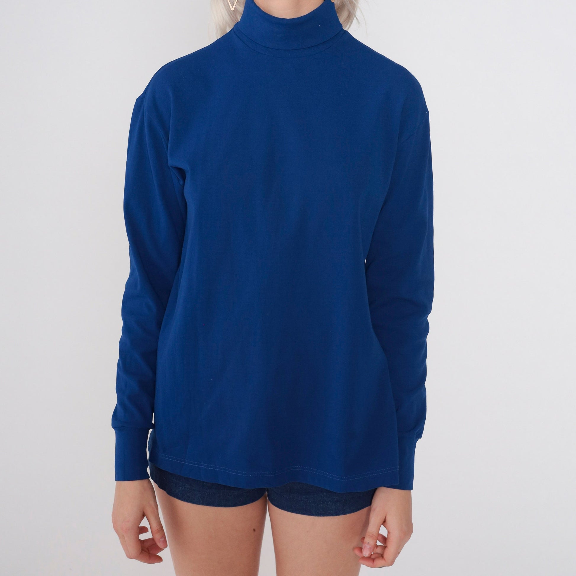 70s Navy Turtleneck Long Sleeve Shirt Plain Funnel Neck Medium M