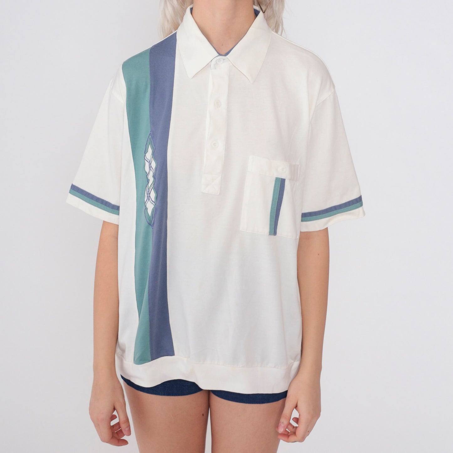 90s Haband Polo Shirt White Striped Embroidered Diamond Blue Green Men's Large