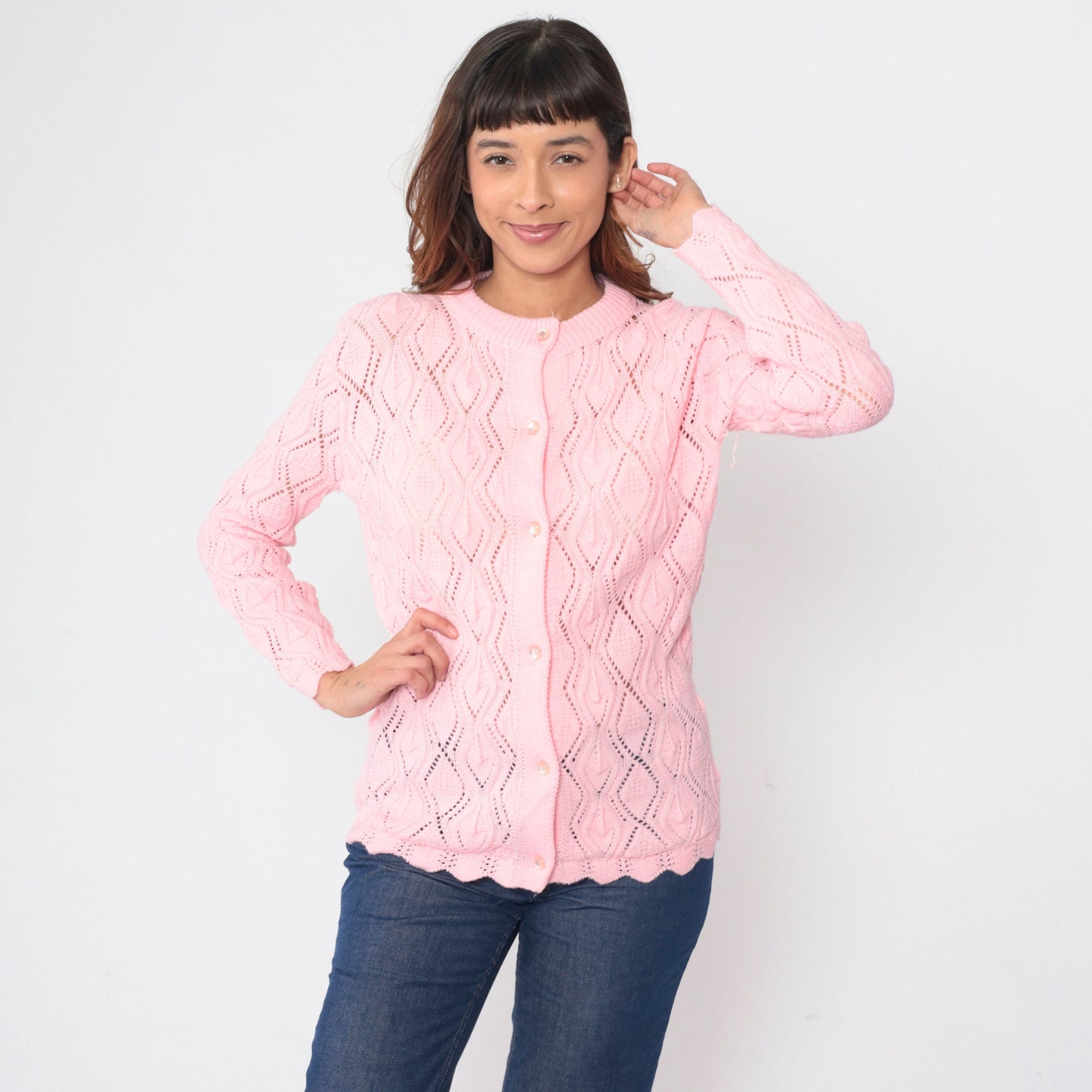 80s Baby Pink Pointelle Cardigan Button-Up Knit Sweater Scalloped Hem Medium M