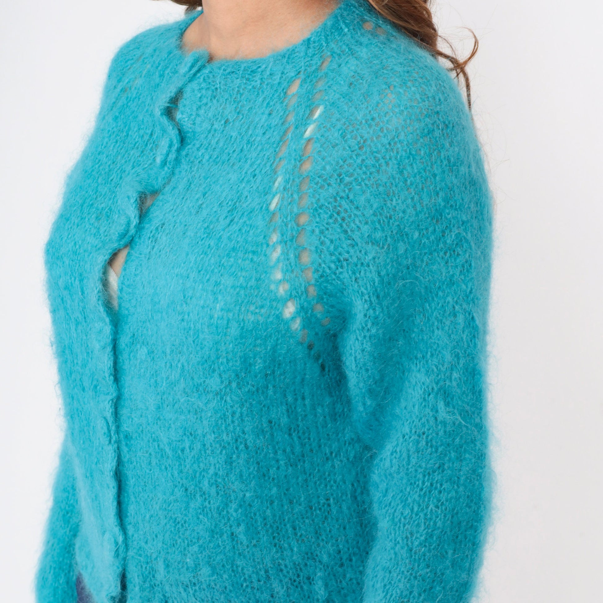 70s Blue Mohair Cardigan Cutout Raglan Sleeve Knit Sweater Medium