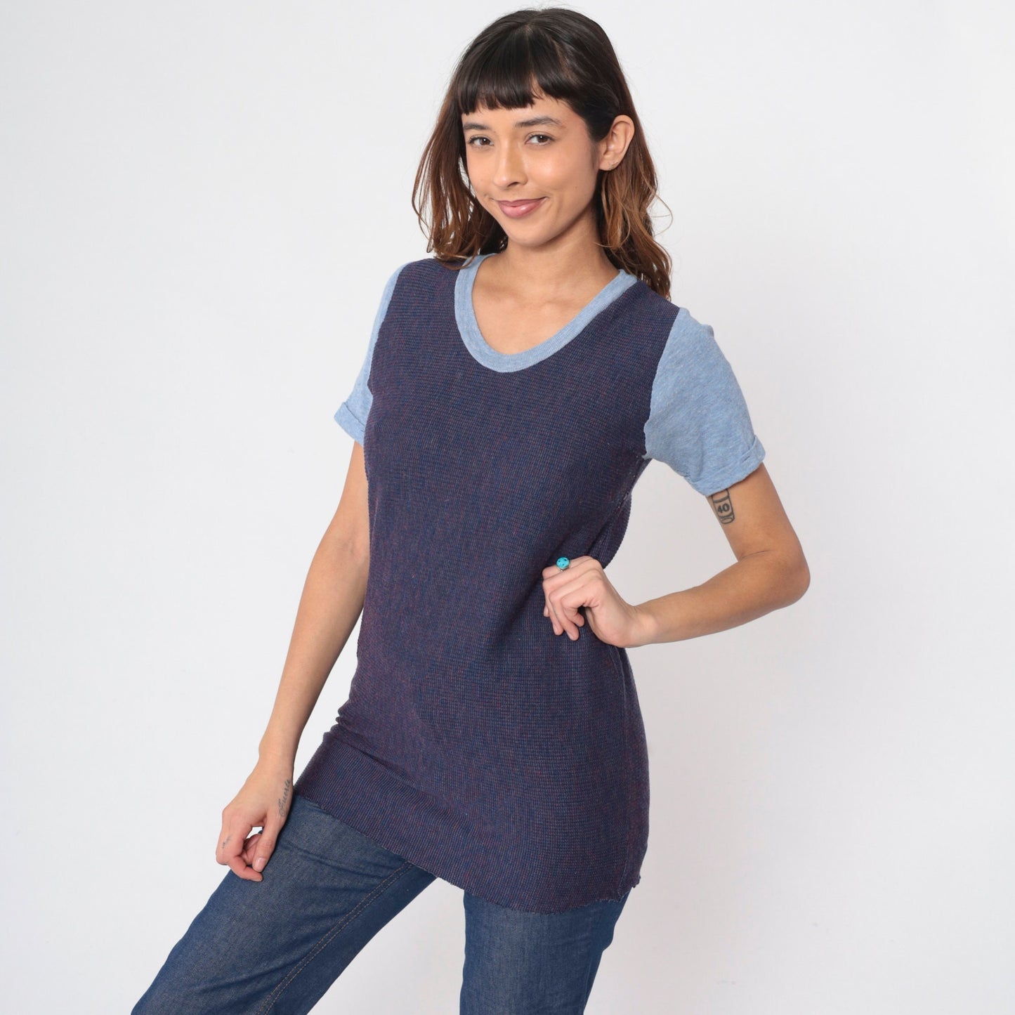 70s Ringer Tee Blue Waffle Knit Scoop Neck Cuffed Sleeve Small