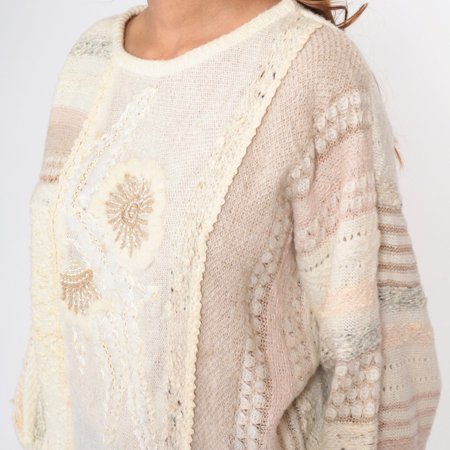 90s Mariea Kim Beaded Floral Knit Sweater Cream Mixed Media Medium