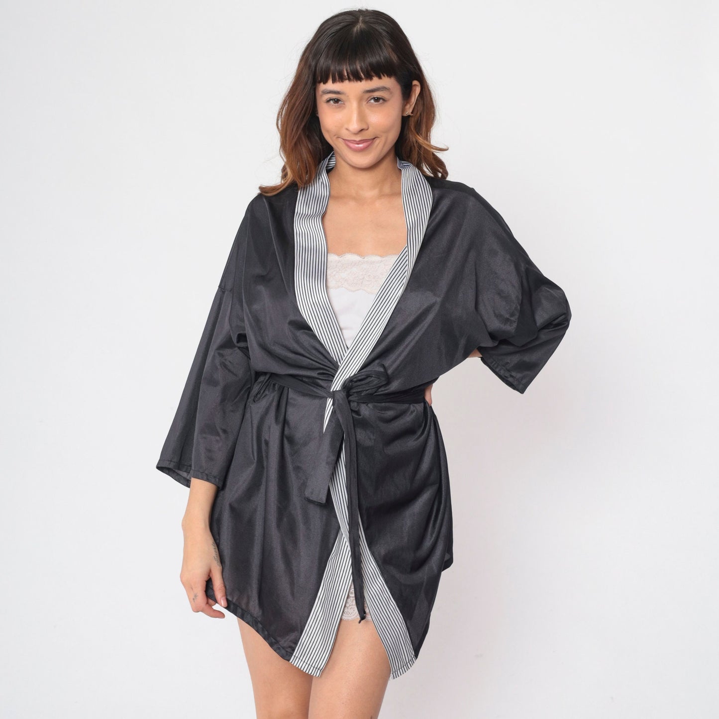80s Black & White Striped Pajama Robe Tie Front Mini Lounge Jacket Large L