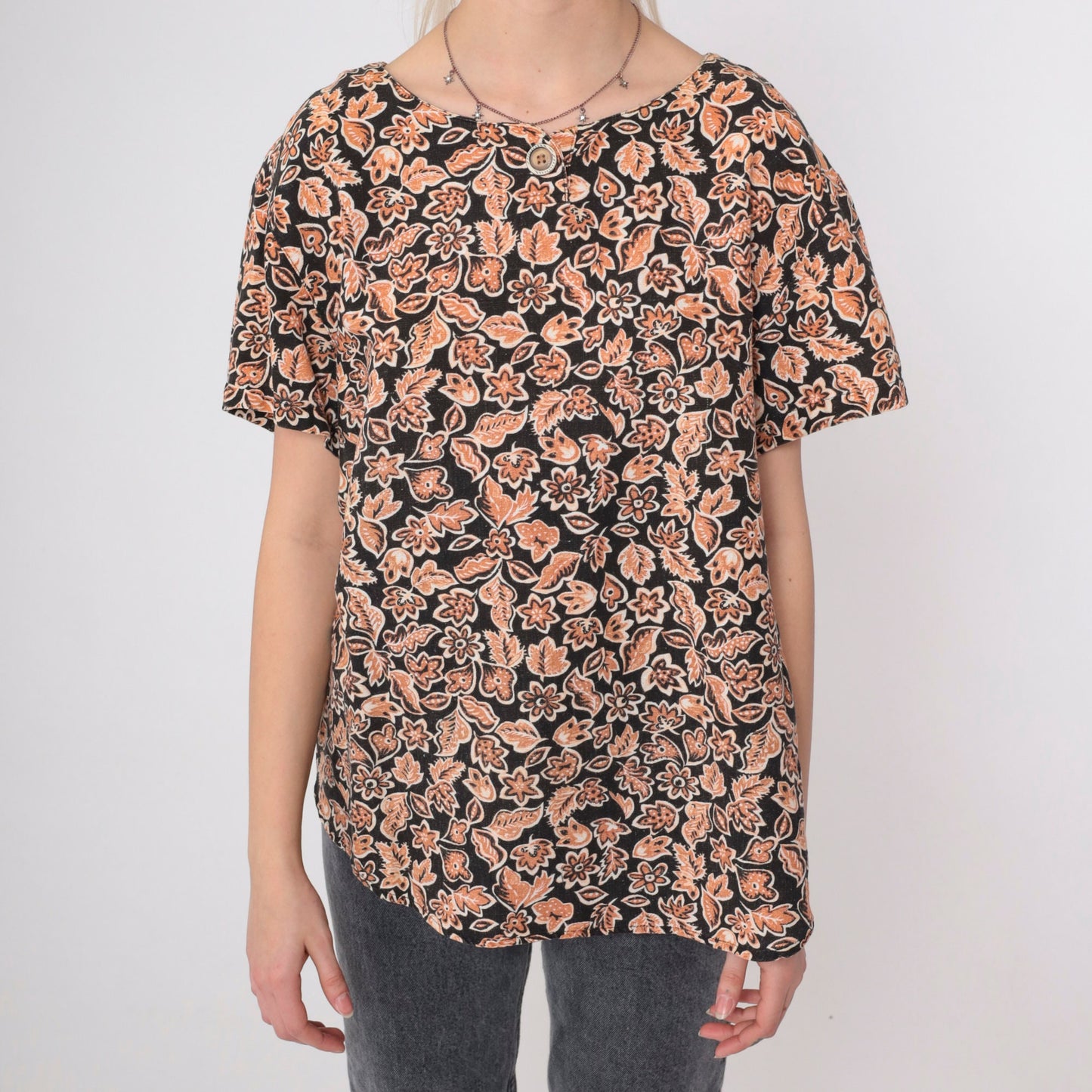 90s Black Orange Floral Henley Shirt Short Sleeve Button Up Large