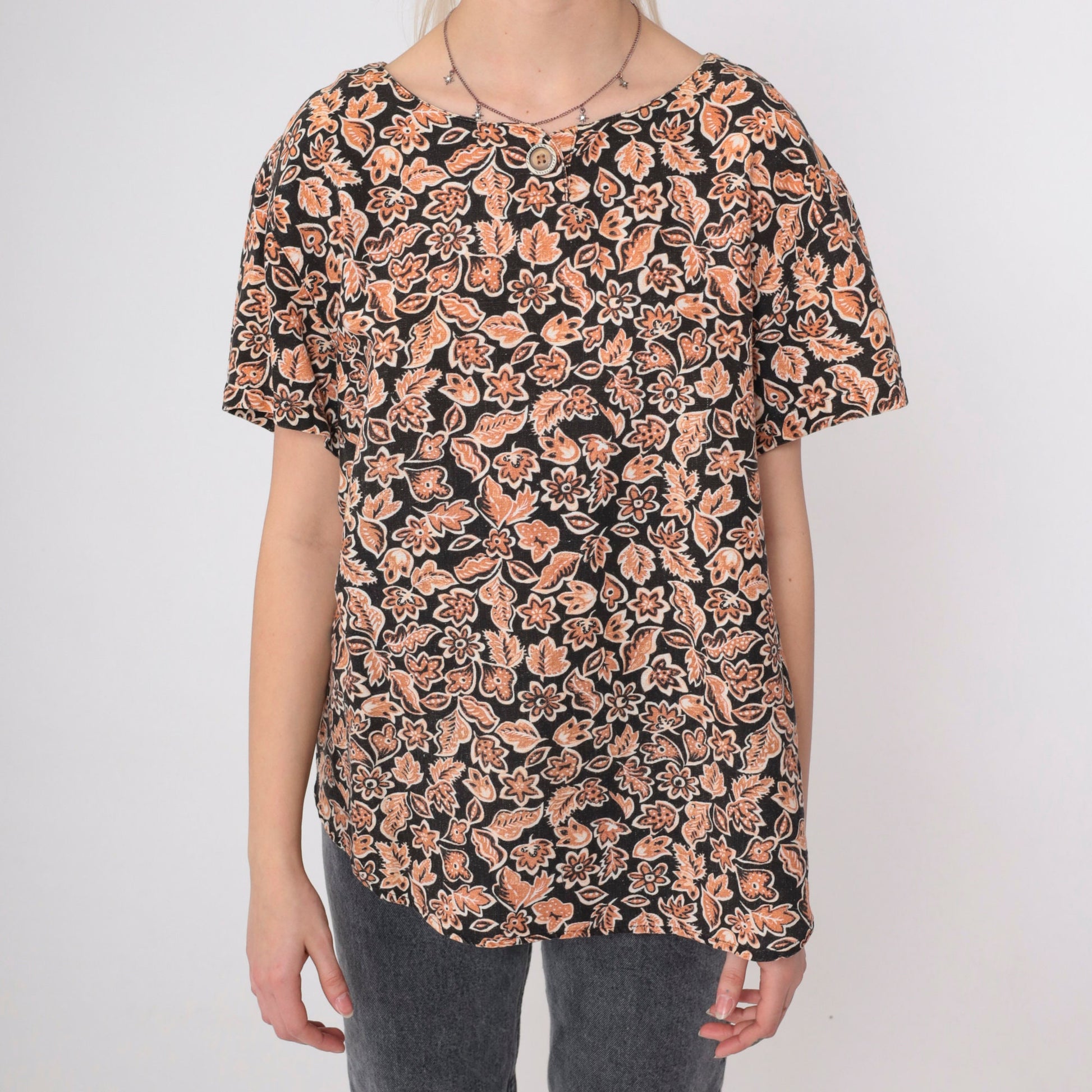 90s Black Orange Floral Henley Shirt Short Sleeve Button Up Large