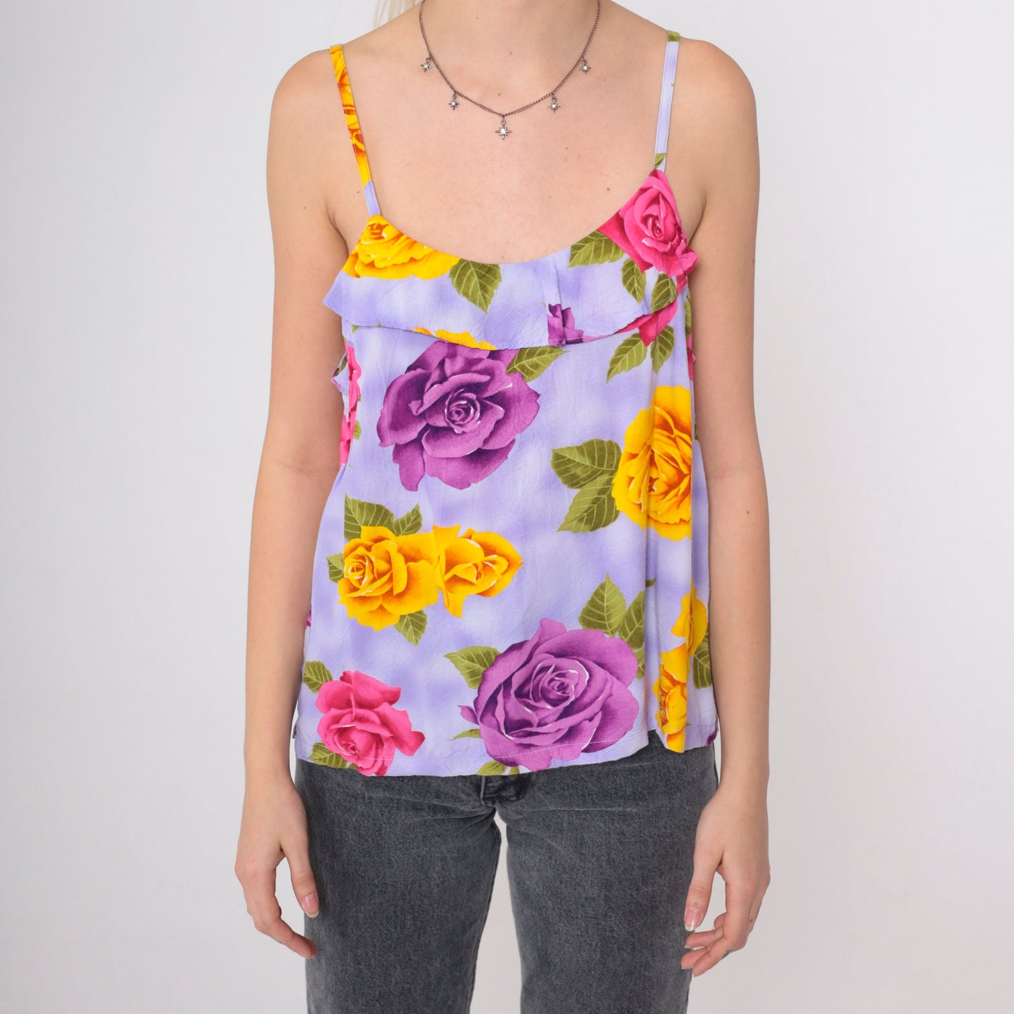 90s Jams World Floral Tank Top Spaghetti Strap Ruffled Cami Small Medium
