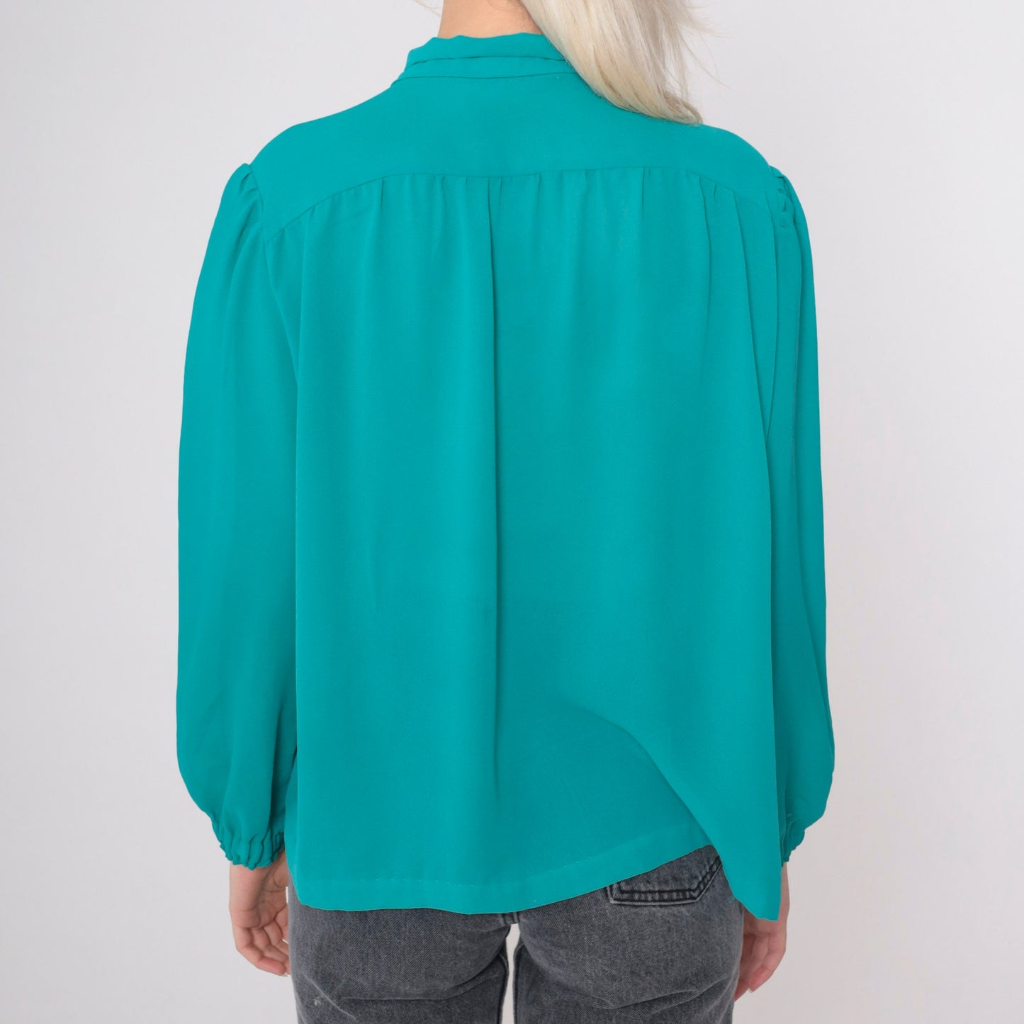 80s Teal Chiffon Blouse Puff Sleeve Ascot Bow Button-Up Large