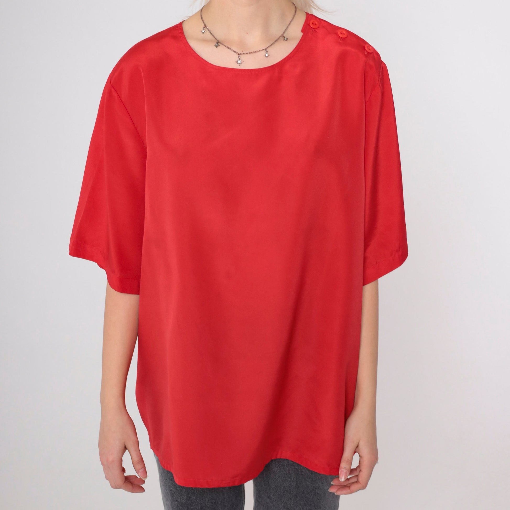 90s Koret Red Silky Blouse Short Sleeve Button Shoulder Plus Size XXL