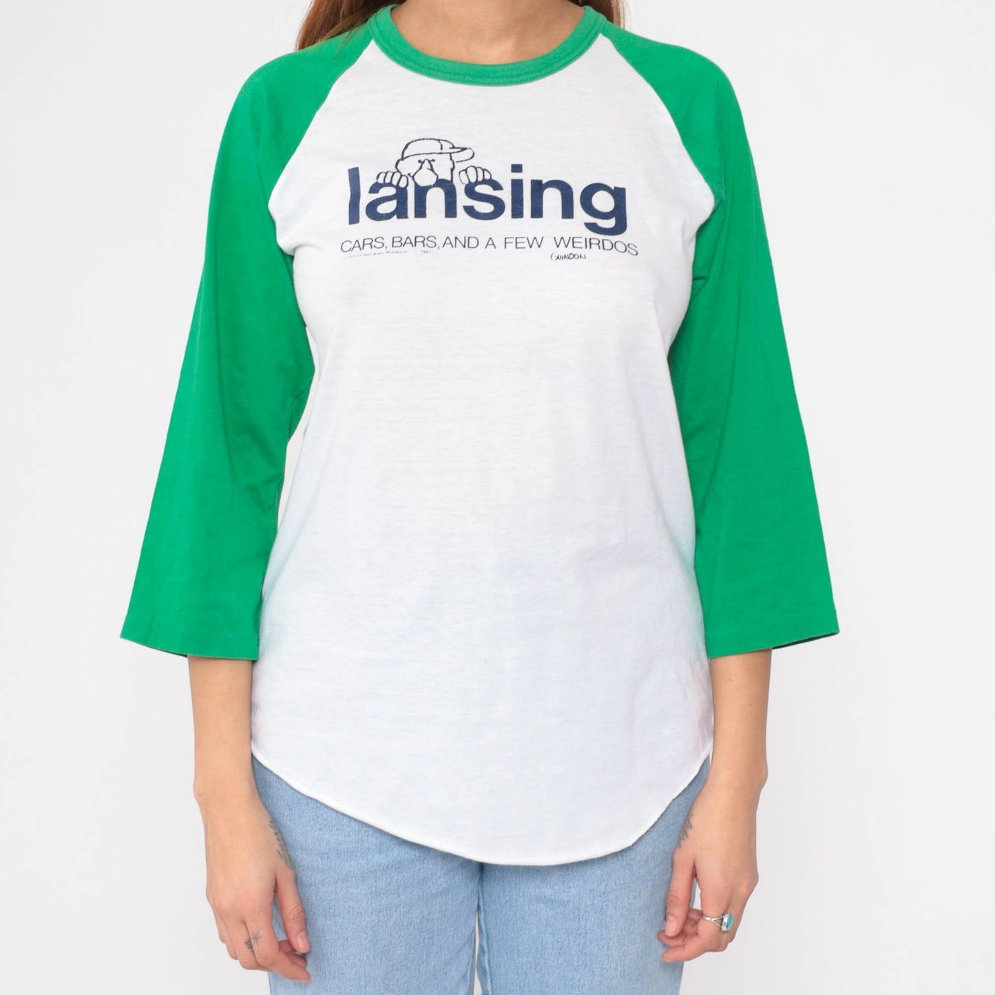 80s Lansing Michigan Ringer Tee Richard Guindon Graphic 3/4 Raglan Medium