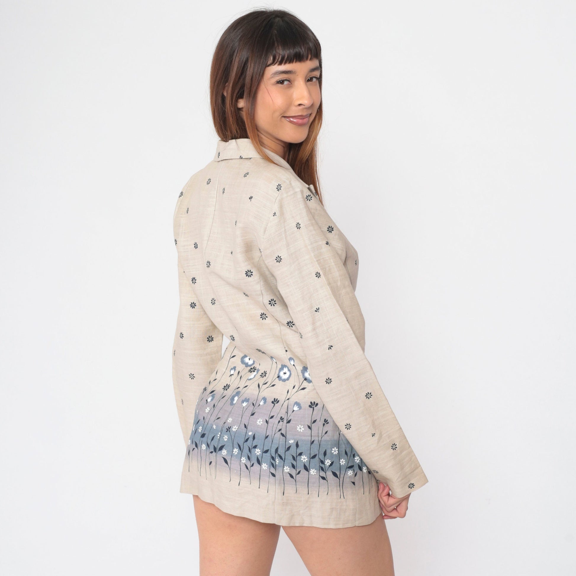 90s Floral Blazer Beige Cotton Blue Flower Print Structured Jacket Medium
