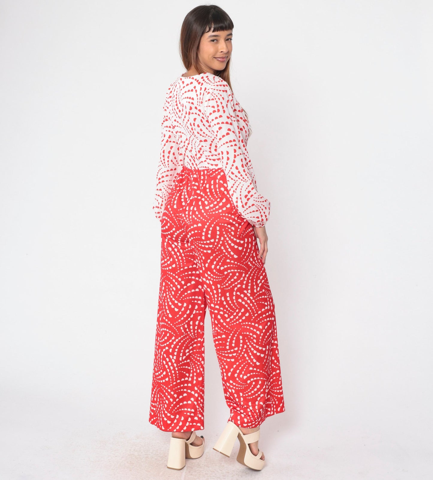 70s Toni Todd Jumpsuit Red White Geometric Wide Leg Button Up Small Medium