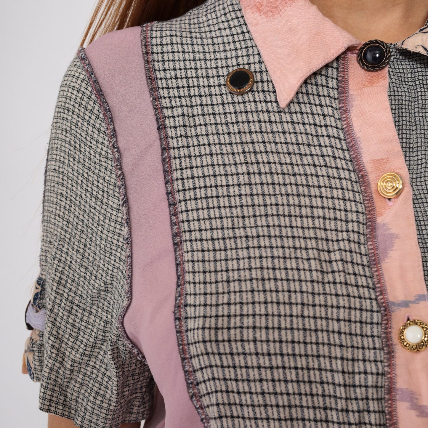 90s Mixed Print Button-Up Blouse Beaded Floral Embroidered Patchwork Small S