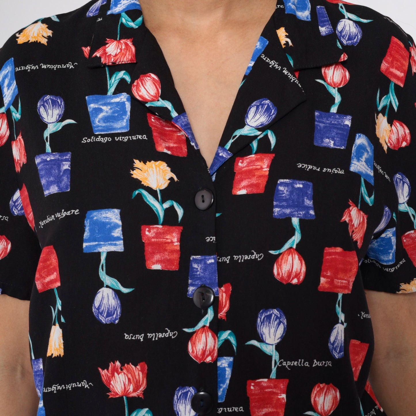 90s Floral Botanical Button-Up Blouse Flowerpot Tulip Print Shirt Large L