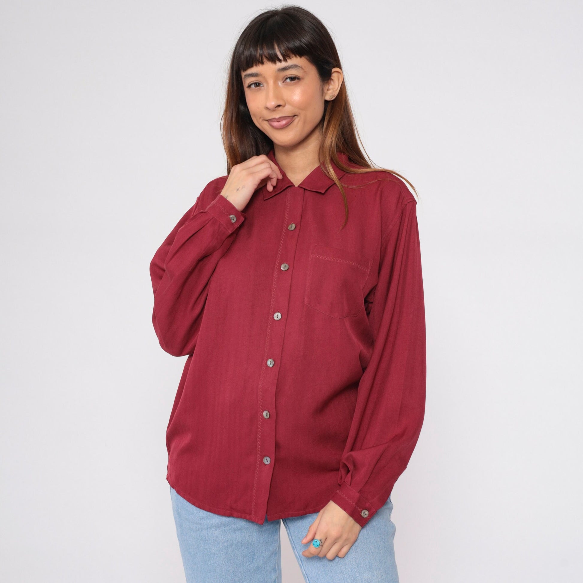 00s Tommy Bahama Maroon Silk Button-Up Blouse Long Sleeve Small S
