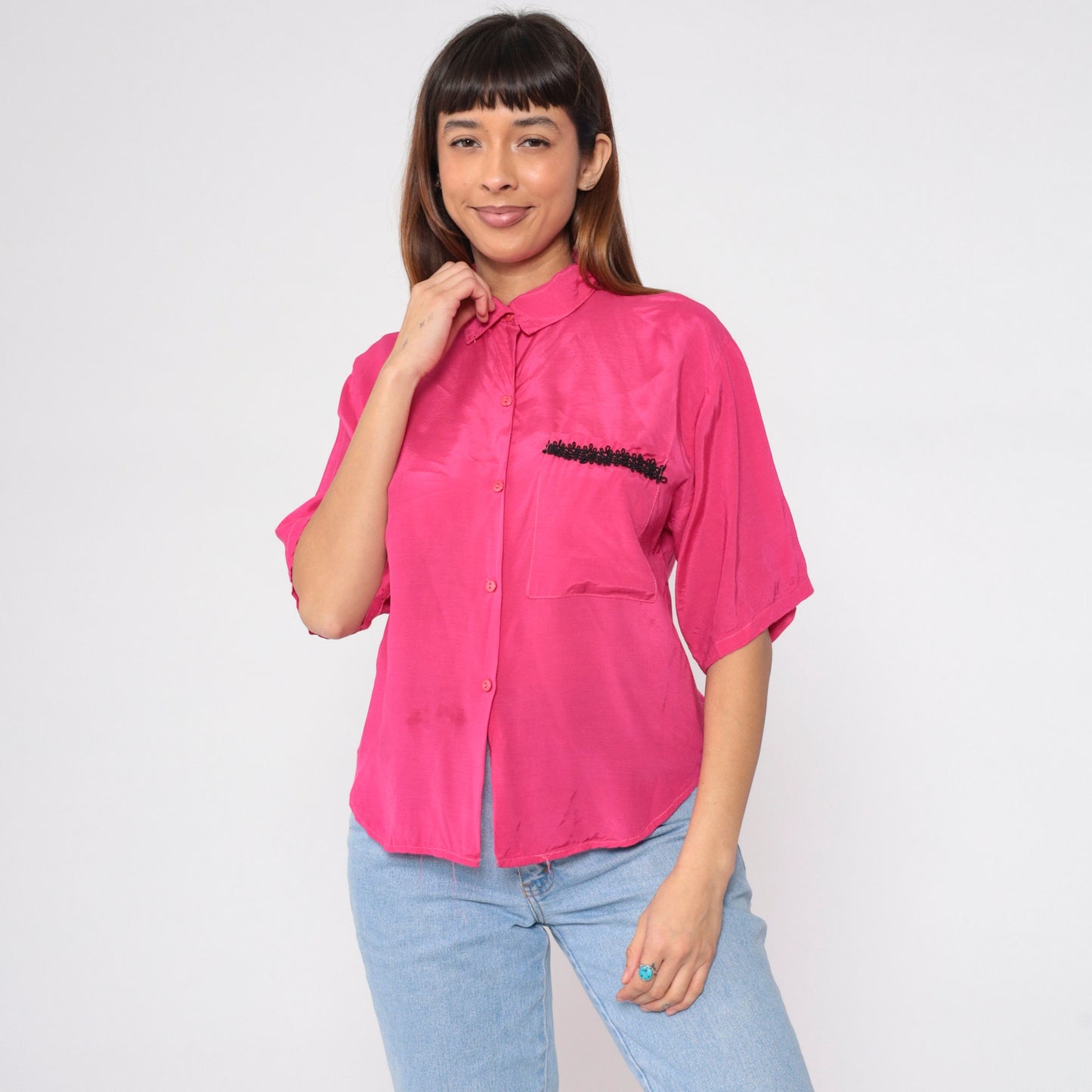 90s Hot Pink Button-Up Blouse Black Soutache Trim Short Sleeve Medium M