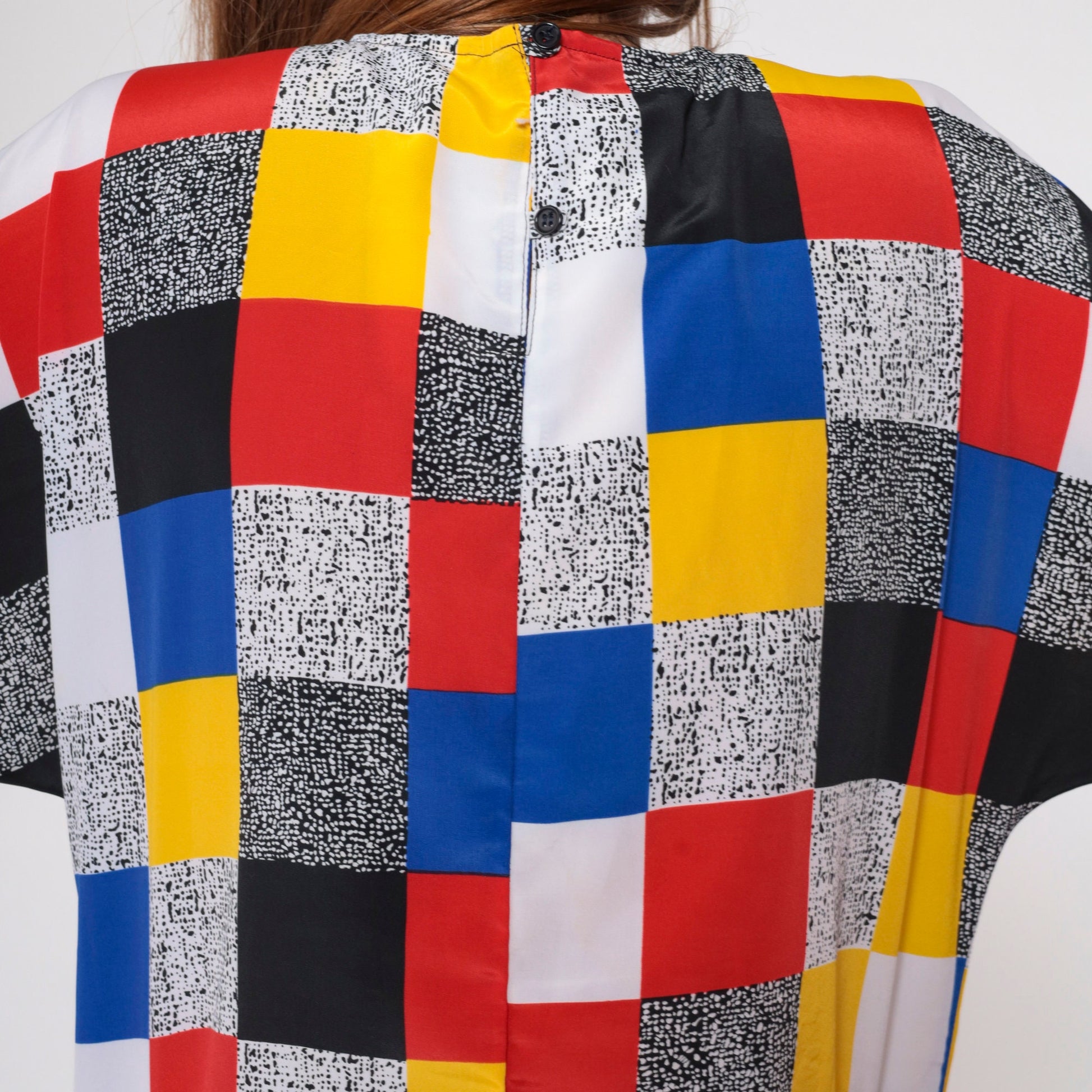 90s Color Block Blouse Primary Colours Black White Flecked Print Short Sleeve Small S