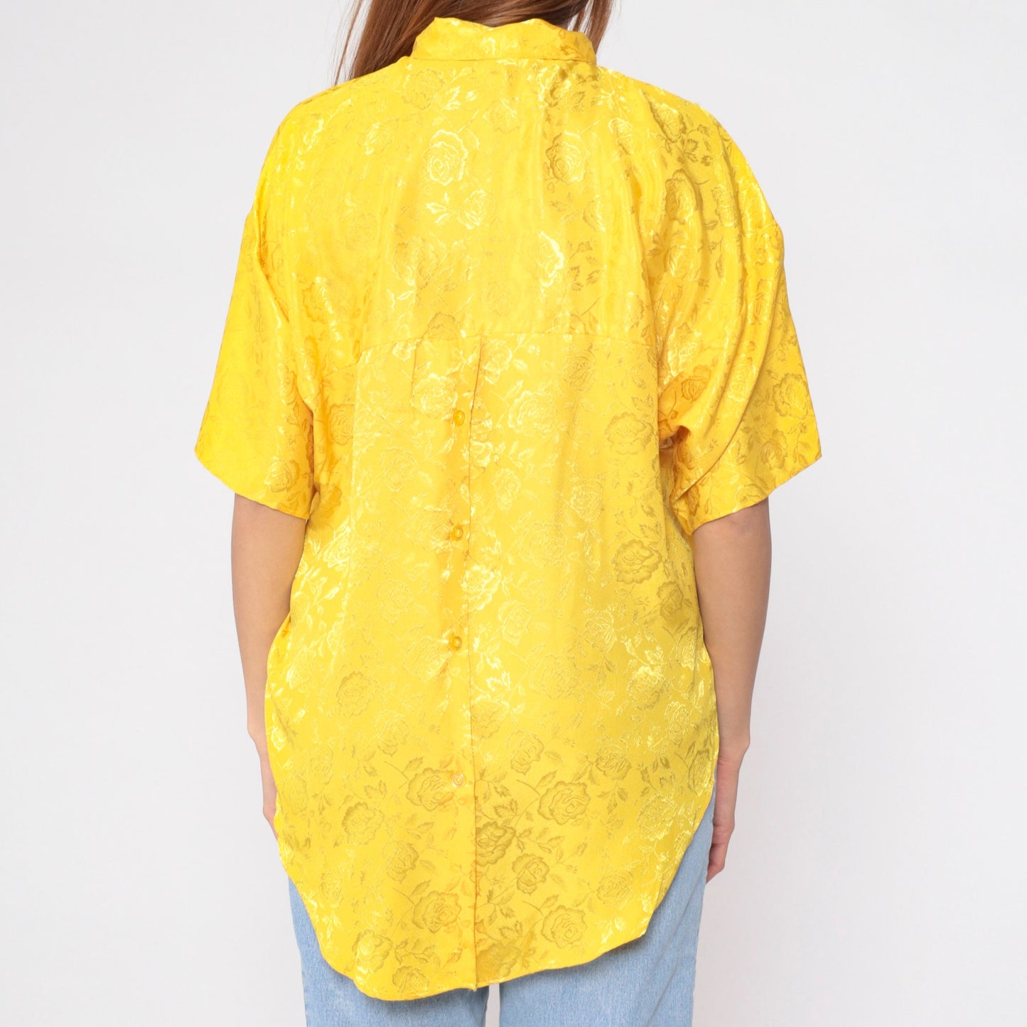 90s Angelus Yellow Floral Button-Up Blouse Embossed Short Sleeve Large