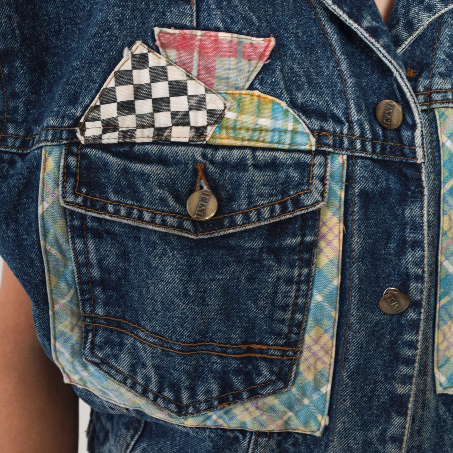 90s Denim Vest Plaid Patchwork Cutoff Blue Jean Sleeveless Medium