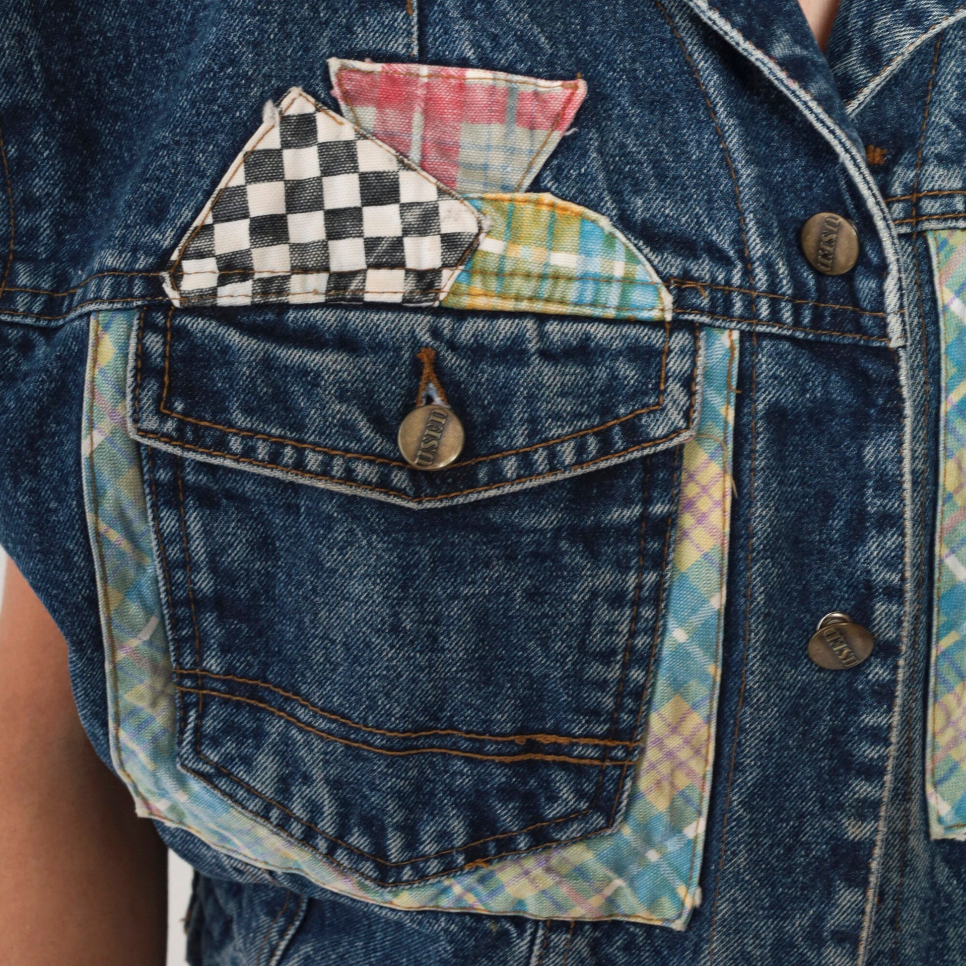 90s Denim Vest Plaid Patchwork Cutoff Blue Jean Sleeveless Medium
