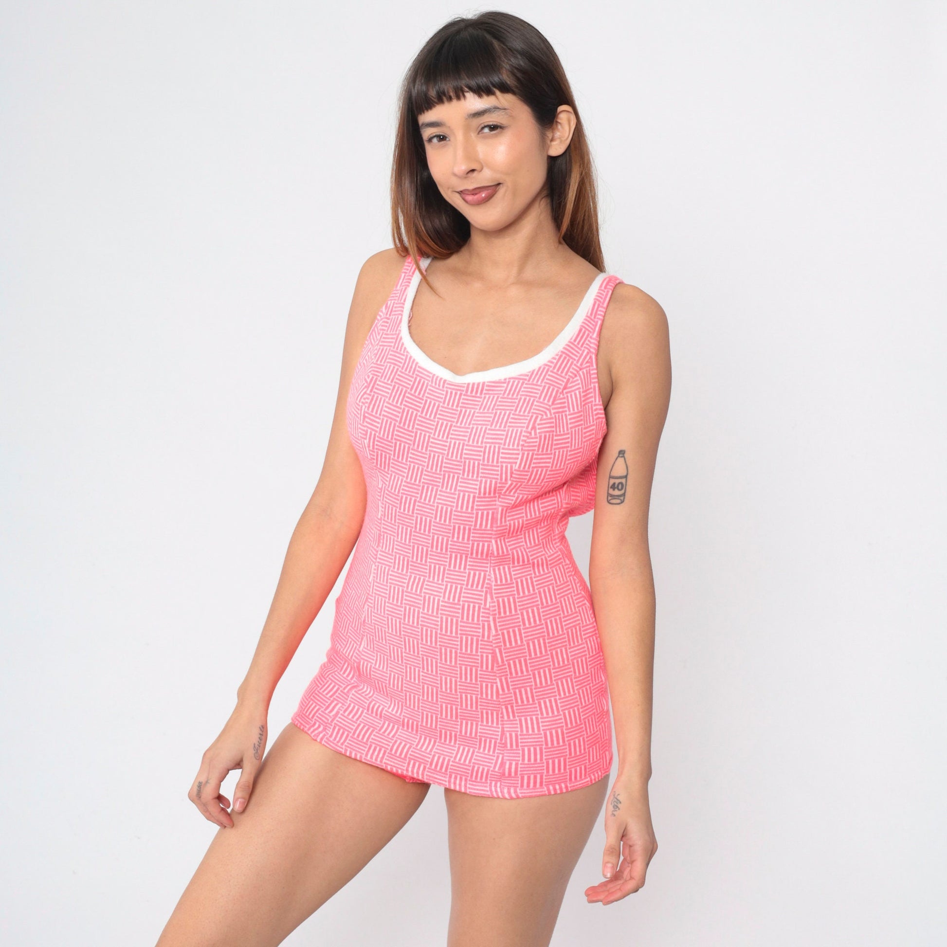 70s Hot Pink Geometric One-Piece Swimsuit Skirt Panel Low Back Medium