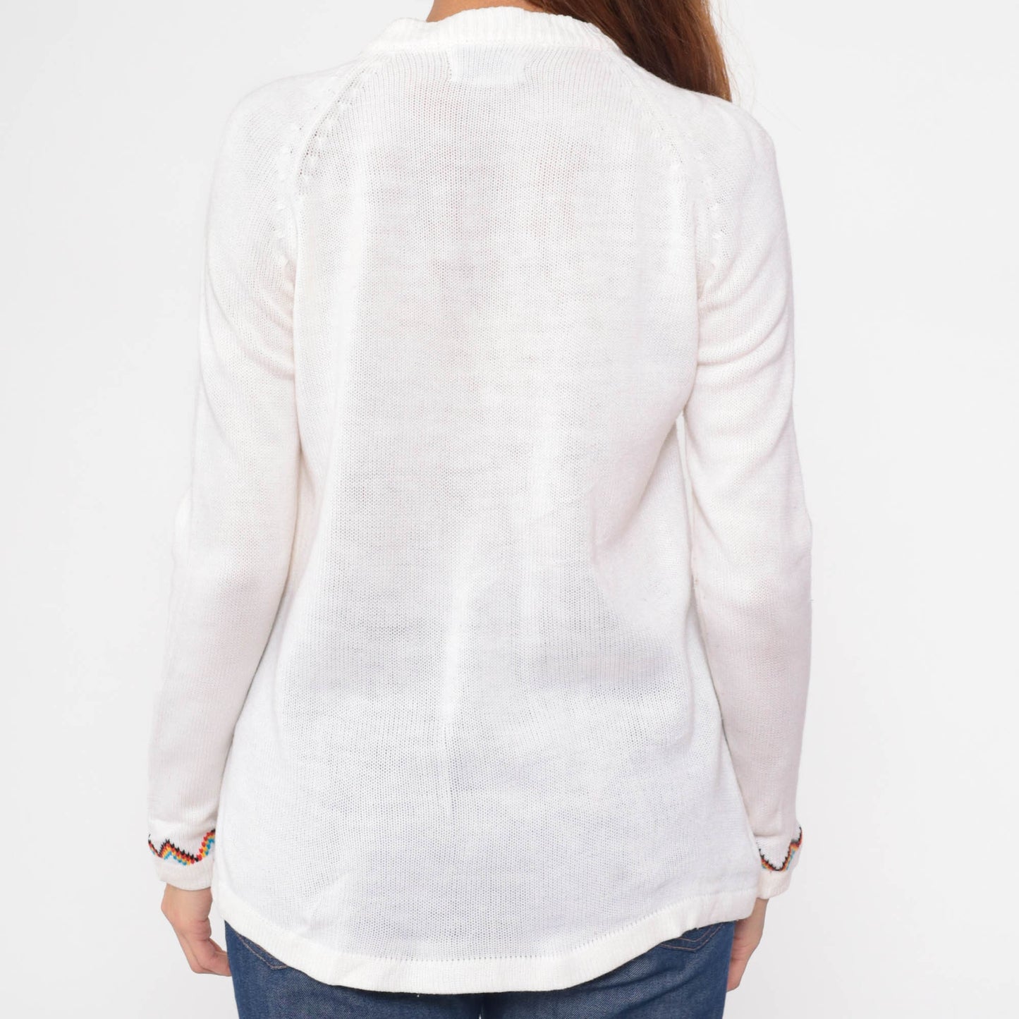 60s White Geometric Zig Zag Cardigan Raglan Sleeve Knit Small