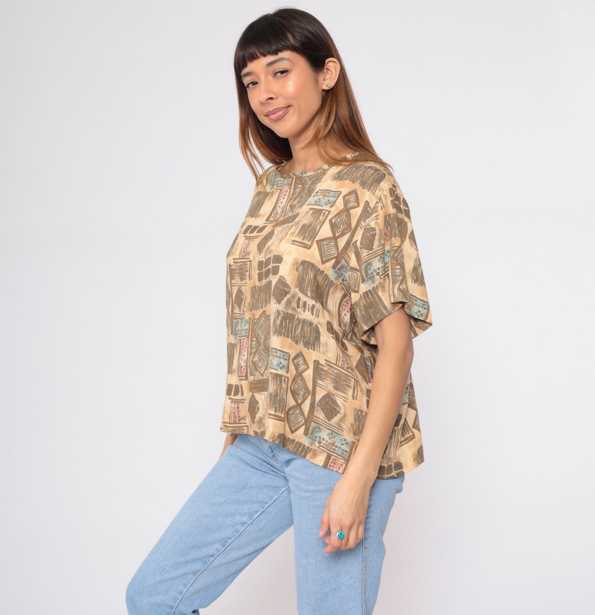 90s Sag Harbor Geometric Abstract Blouse Tan Short Sleeve Extra Large XXL